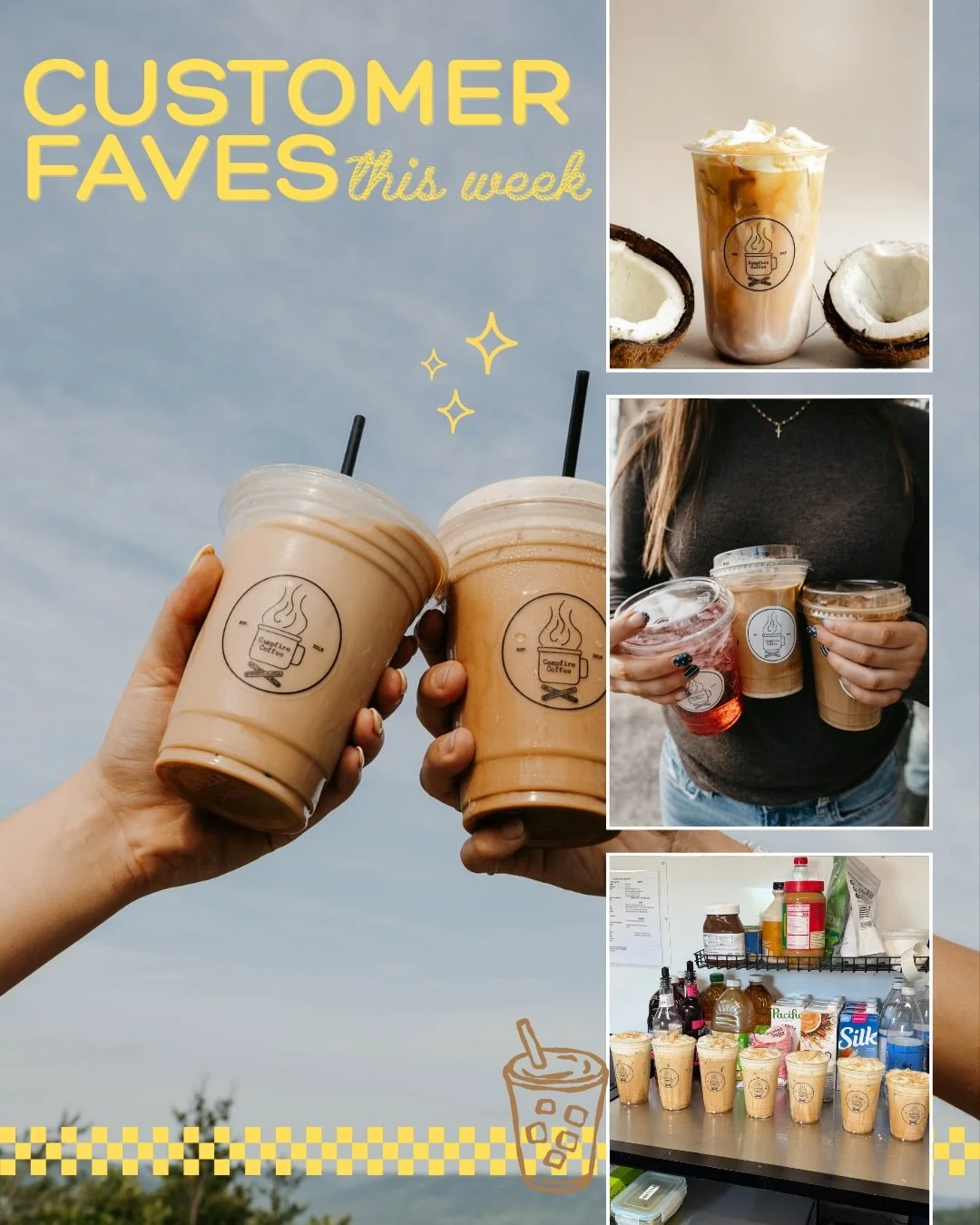 top drinks you guys are loving this week!⭐️🫶🏻

TOASTED COCONUT SHAKEN LATTE 🥥🌴
shaken espresso with coconut in a latte with coconut cold foam and toasted coconut crumble on top

THE SALTY HONEYBEE 🐝🍯
salted caramel, honey + cinnamon in a latte 