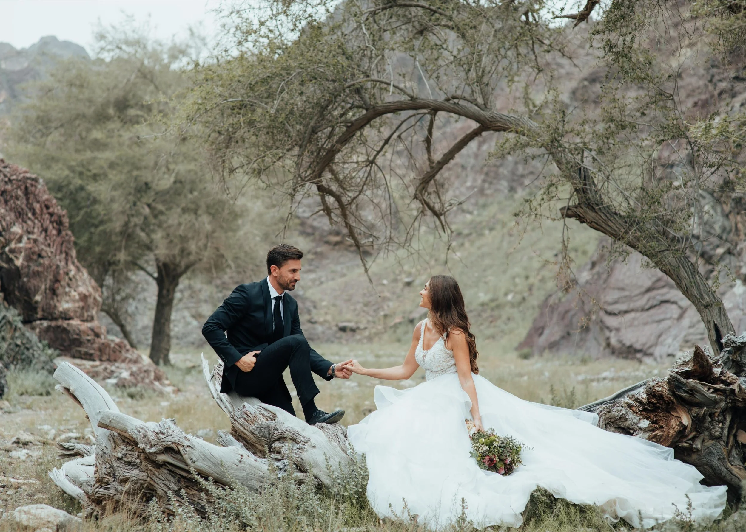 Bride in a white wedding dress and groom in a black suit outdoors, holding hands on a fallen tree trunk surrounded by trees and rocky terrain.