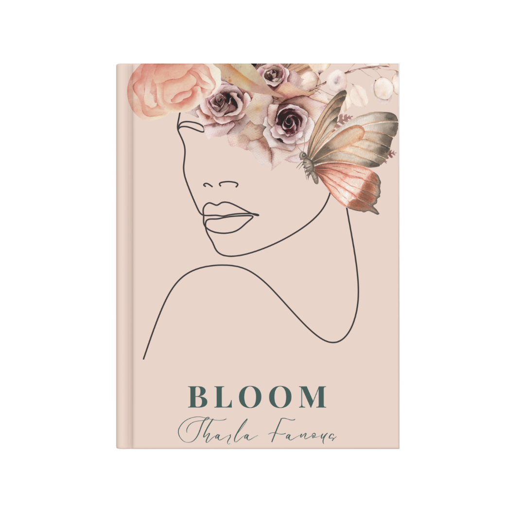 Book cover titled "BLOOM" with a minimalist line drawing of a woman's face, floral arrangements on her head, and a butterfly, with the author's name Sharla Fanous.