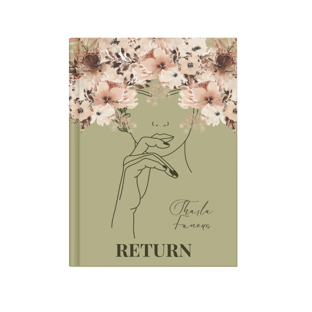A book cover with a minimalist line drawing of a woman with flowers covering her eyes and hair, with the title "RETURN" and the author's name "Sharla Fanous" on a green background.