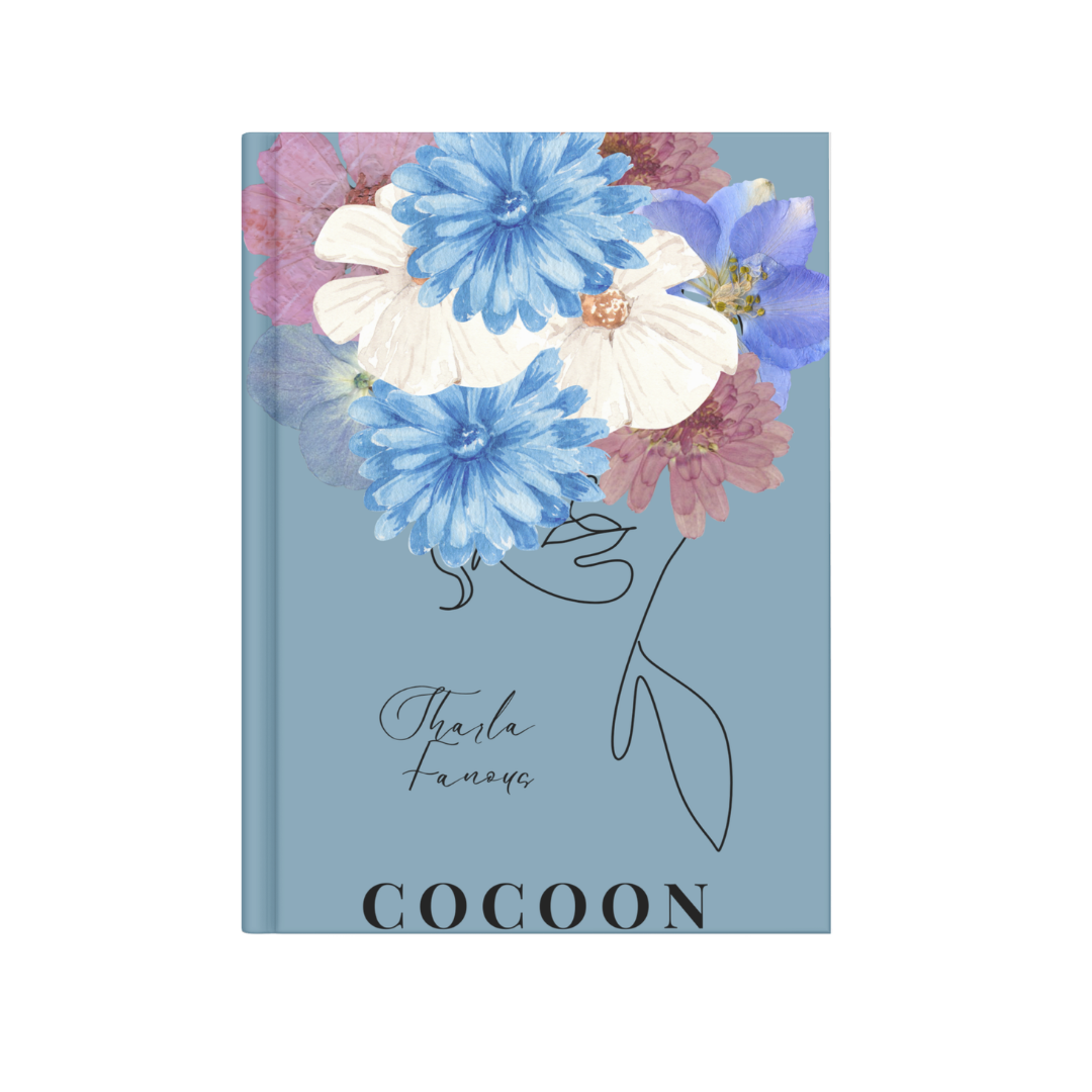 Book cover titled 'Cocoon' with a watercolor floral illustration of blue, white, and pink flowers and a black line drawing of a face and flower stem.