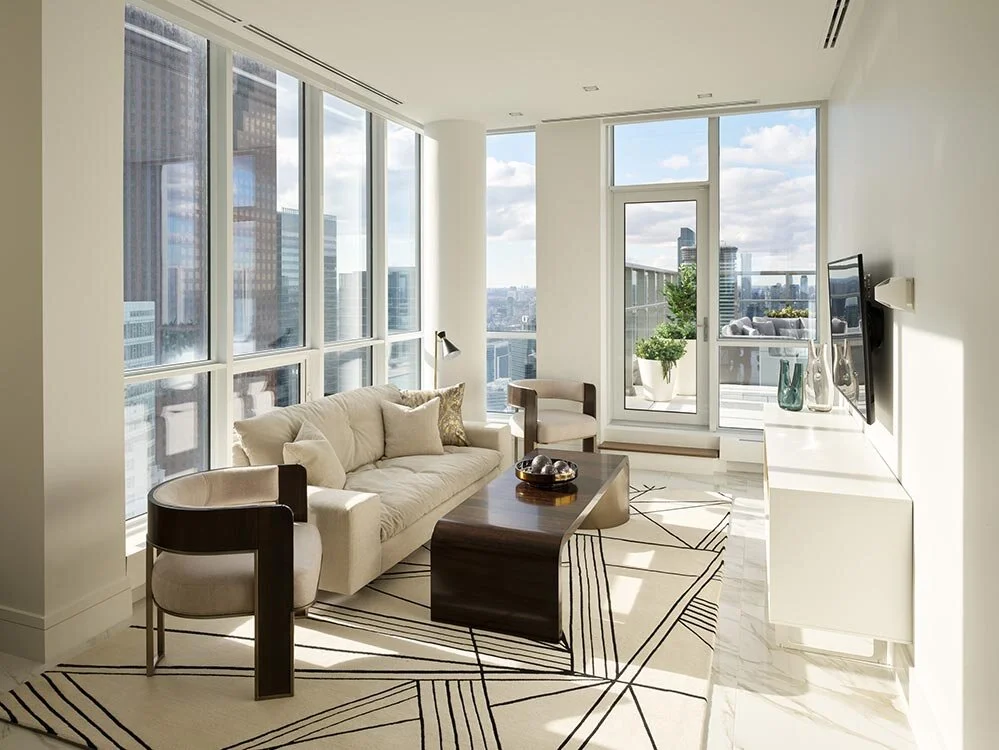 Architectural photo of sunny family room interior