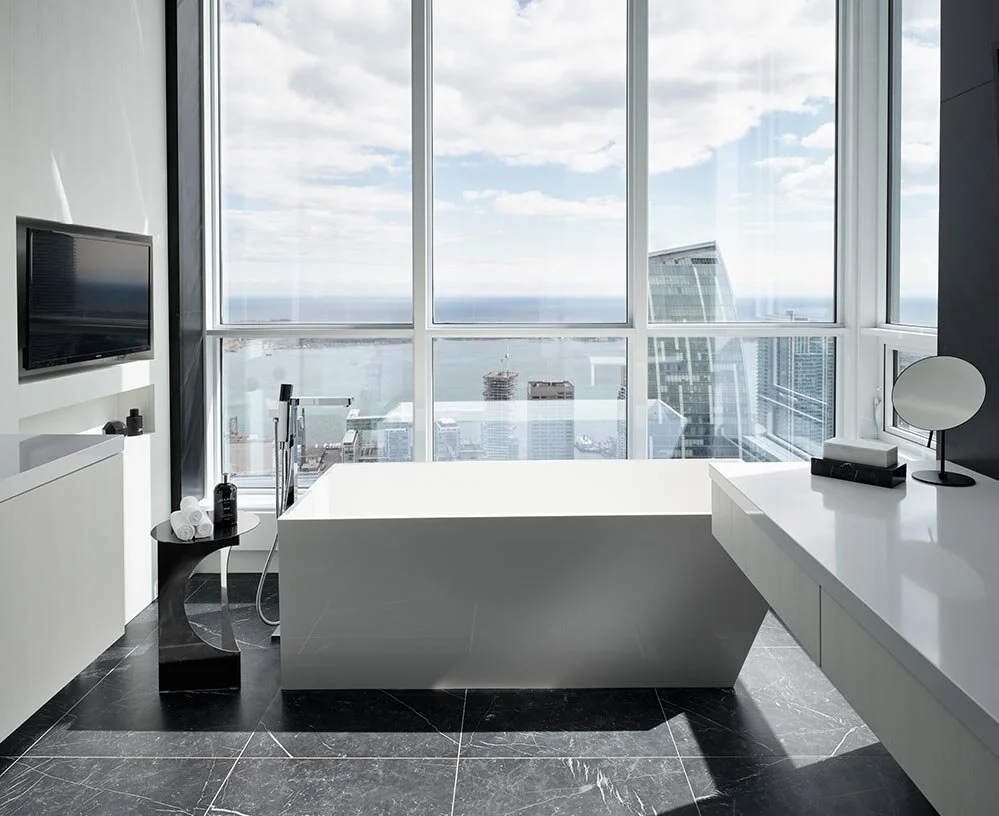 Architectural photo of bathtub with skyline view