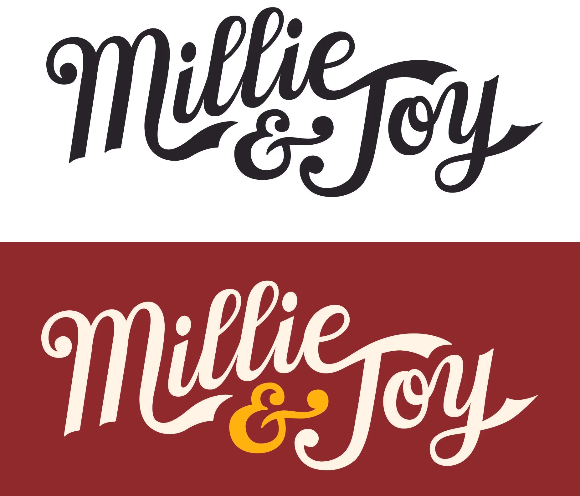 Graphic of the final hand-lettered logo for Millie and Joy a baking company in color and black/white
