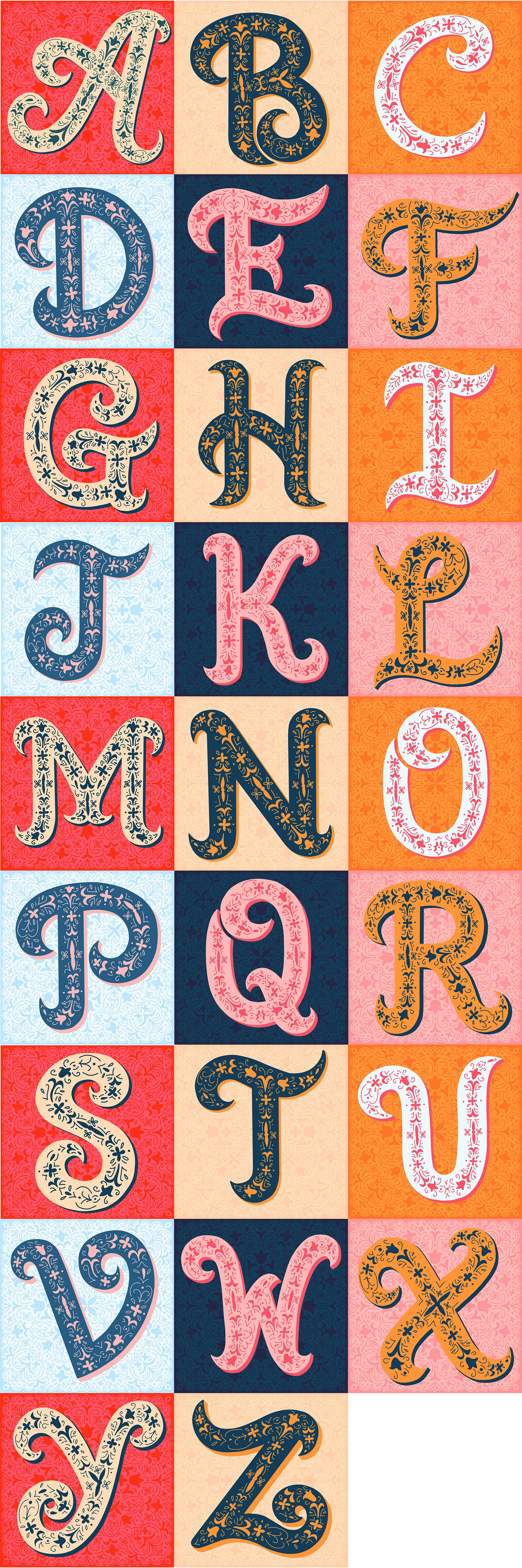Entire alphabet, with details of a select few below (one in each color scheme):