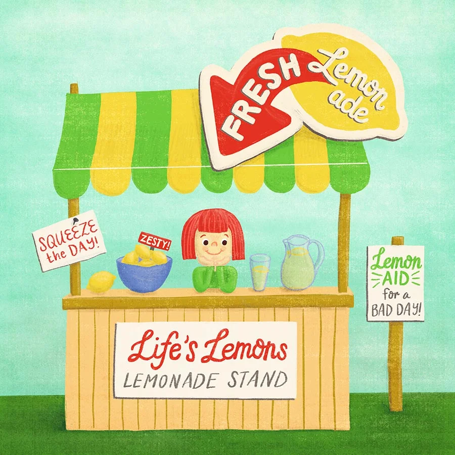 Final illustration of a girl happily selling lemonade at a cute lemonade stand, with lemony puns sprinkled throughout.