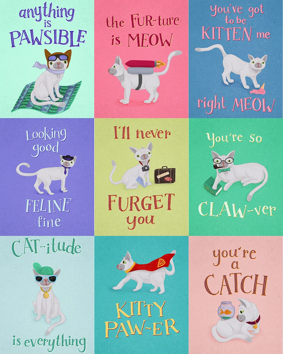 The full series of 9 cat pun illustrations, ready for greeting cards!