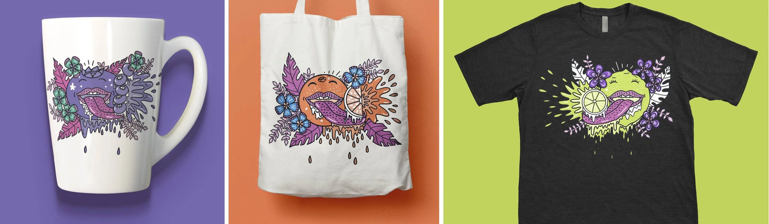 Image of a blueberry character illustration on a white mug, an orange character illustration on a beige tote bag, and a lime character illustration on a dark gray t-shirt