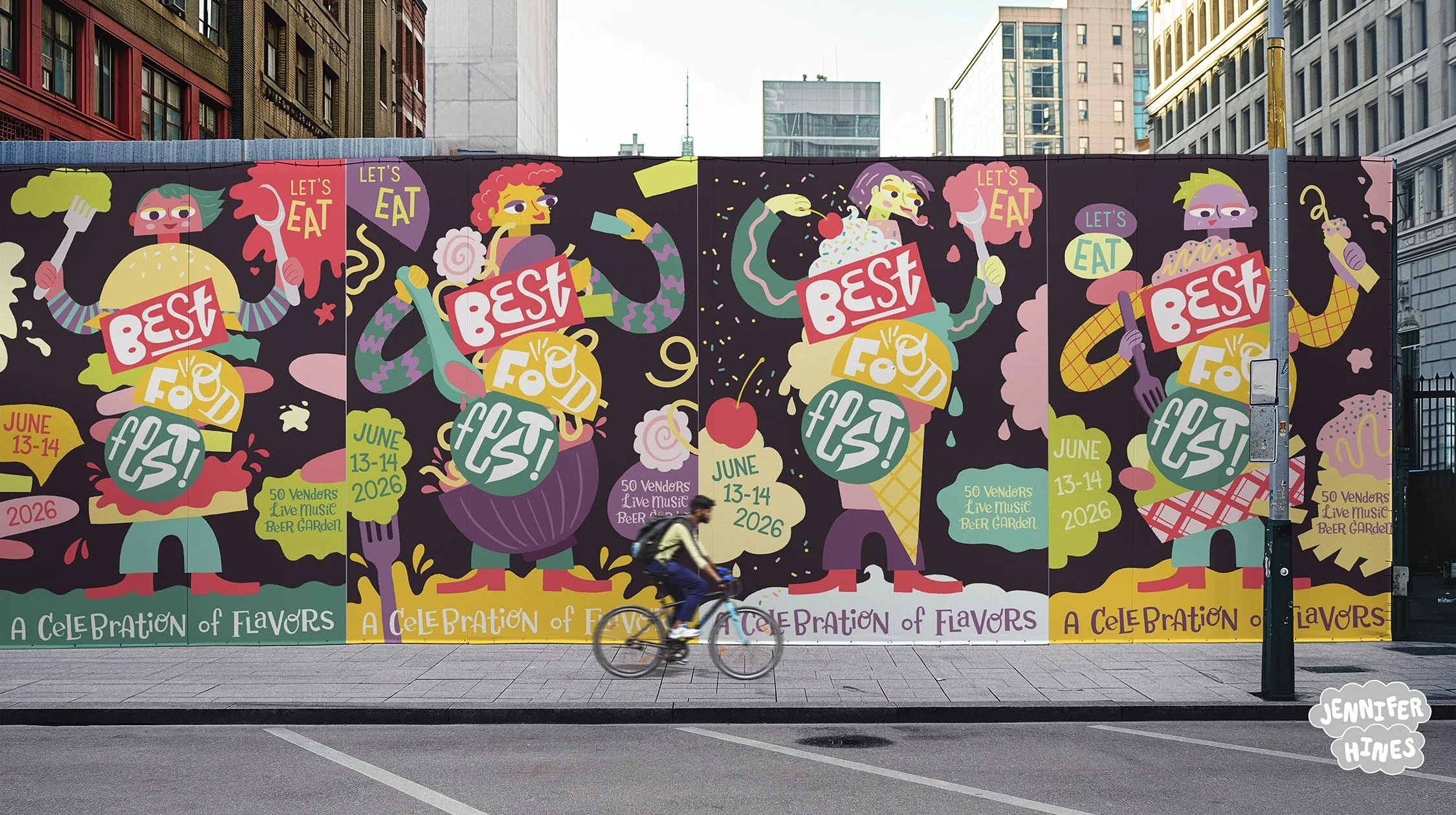 Image of a street with four large food festival posters on a wall, showing playful characters, stylized food illustration, and hand-drawn lettering, for a food festival branding project by Jennifer Hines