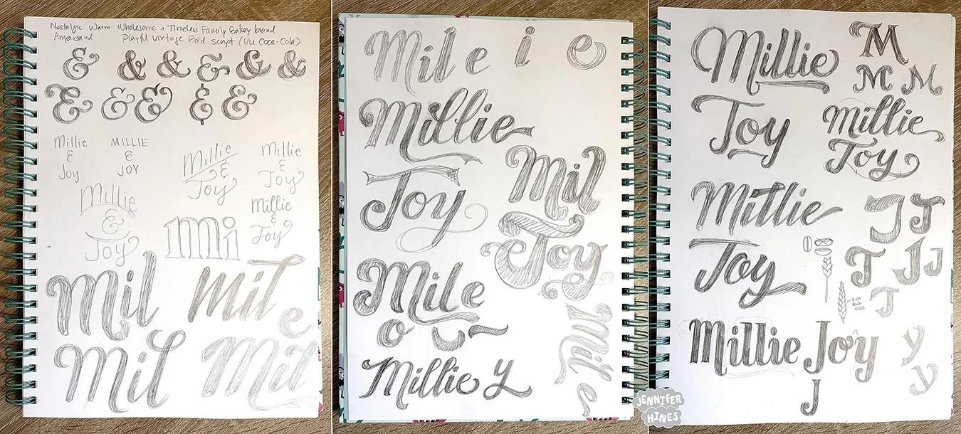 Hand-drawn lettering illustrations in pencil on paper of letterforms for a logo illustration for Millie and Joy