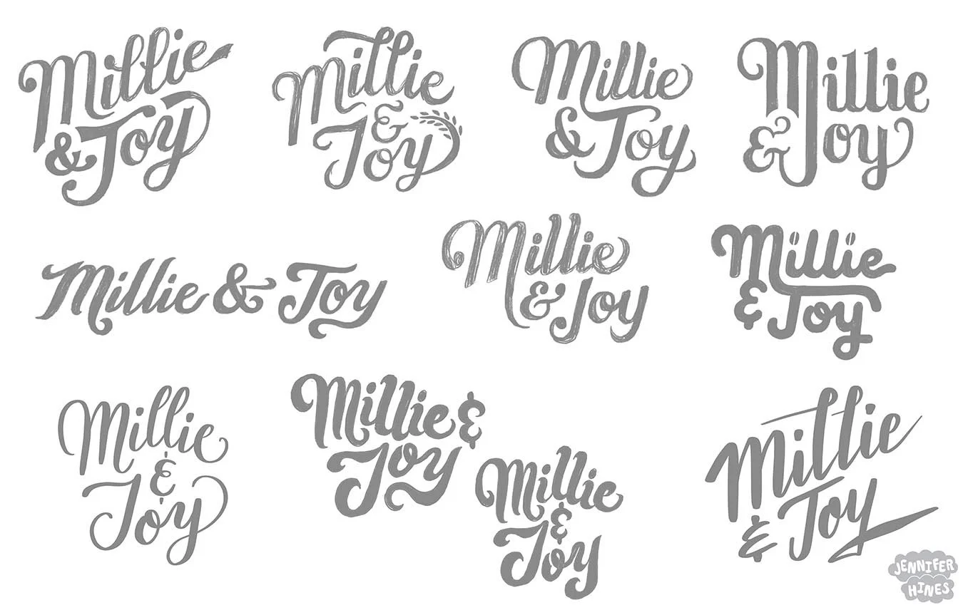 Pencil sketches for a logo design in different styles and configurations for Millie and Joy