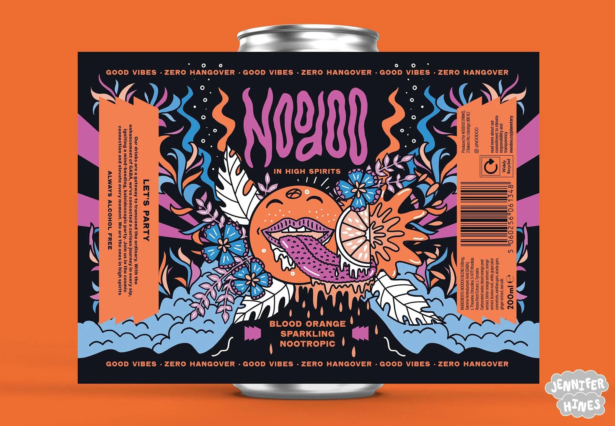 Image of a smiling blood orange character with an orange slice on its tongue and dripping juice on a psychedelic wavy background with tropical flowers, on a beverage can