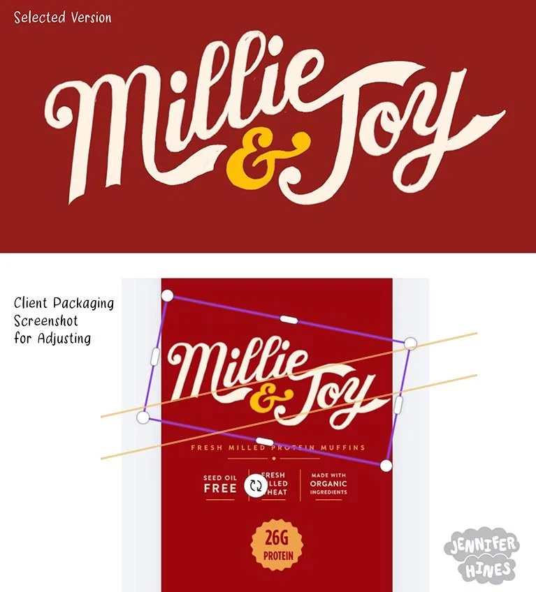 Baking logo lettering sketch in cream and gold colors on burgandy packaging for Millie and Joy