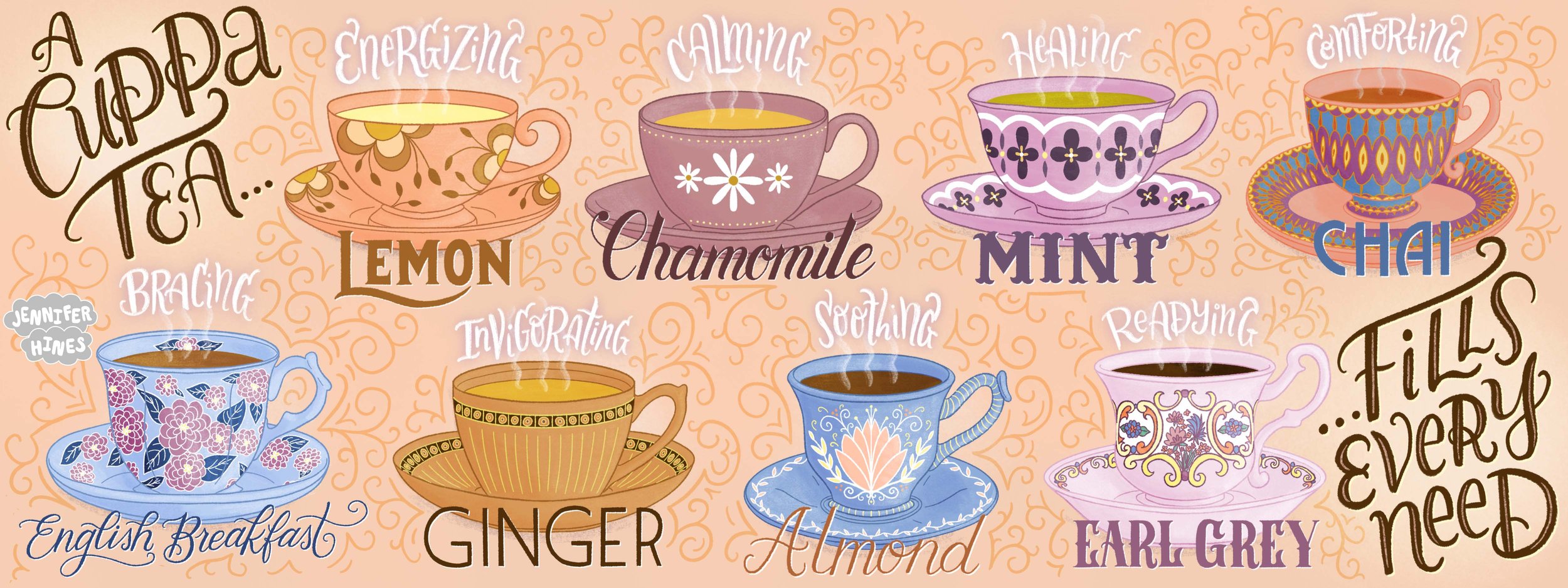 Teacups and Tea Names Illustration - Tea Illustration, Jennifer Hines /  Food Illustrator - Lettering Artist