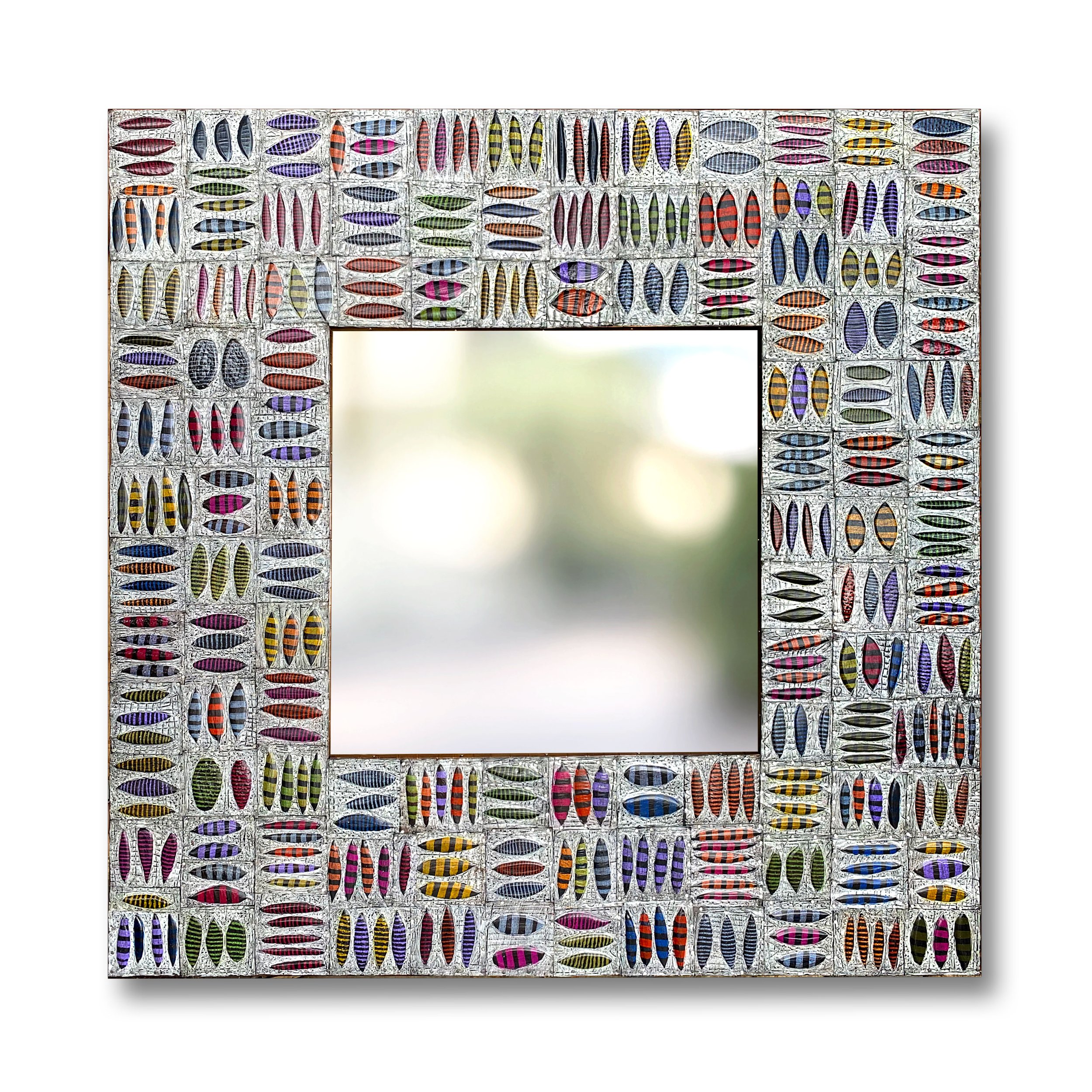 White Patchwork Mirror w/Striped Shapes