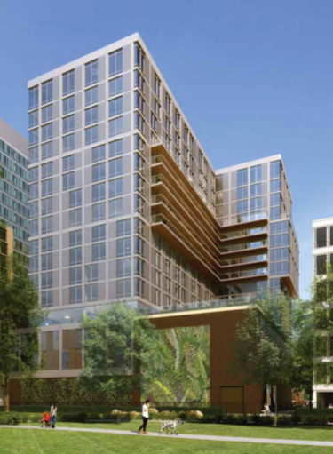 A rear view rendering of the proposed 1000 Lake Street building from the Albion Planned Development Application. The Austin Gardens Environmental Education Center is omitted.