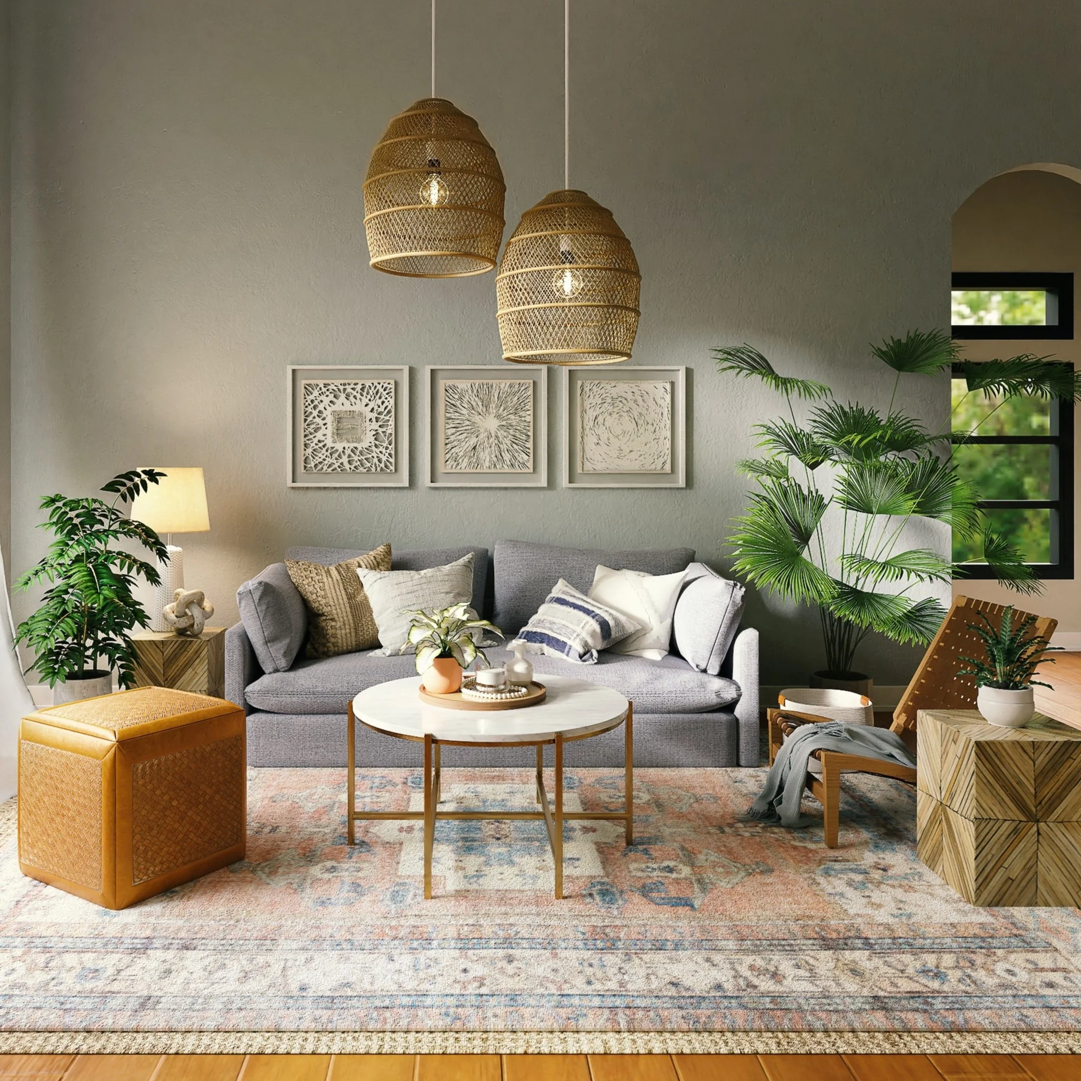 Styled living room with neutral furnishings and warm decor for Madeleine Perez’s seller services.