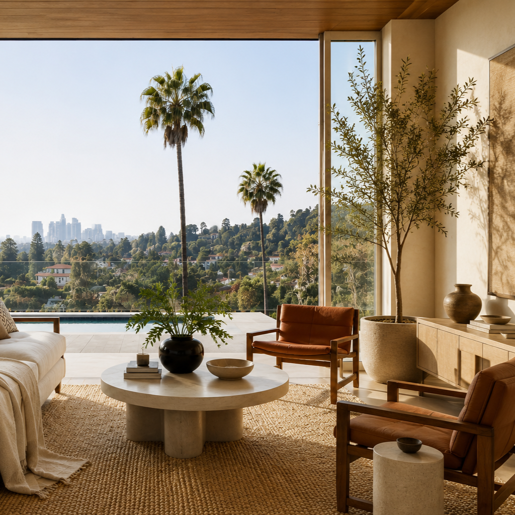 Los Angeles home interior with palm trees and city views, introducing Madeleine Perez’s real estate services.
