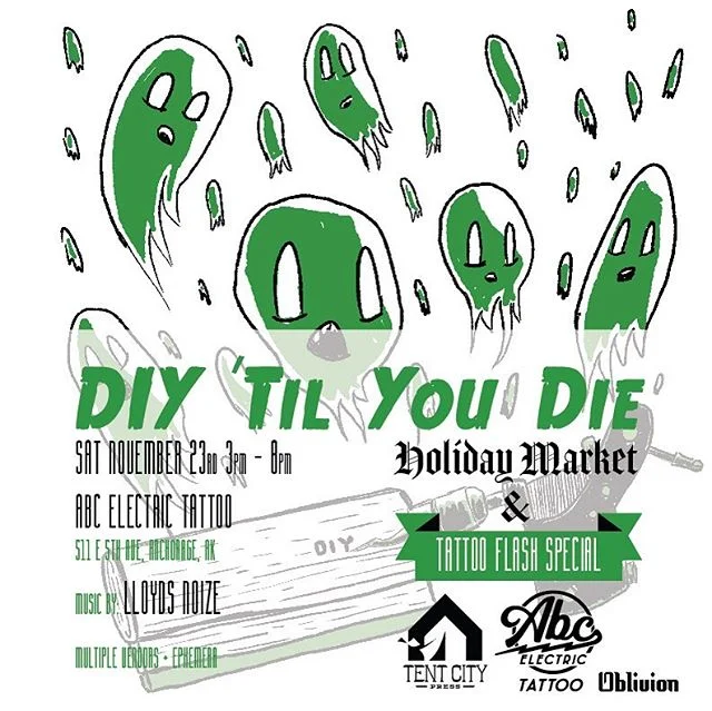 Join us on Saturday 11/23 from 3 to 8 pm at ABC Electric Tattoo for a flash tat special, music, and prints galore! @abcelectric @oblivion.bits #printsale #flashtats #DIY #tilyoudie #supportlocalart