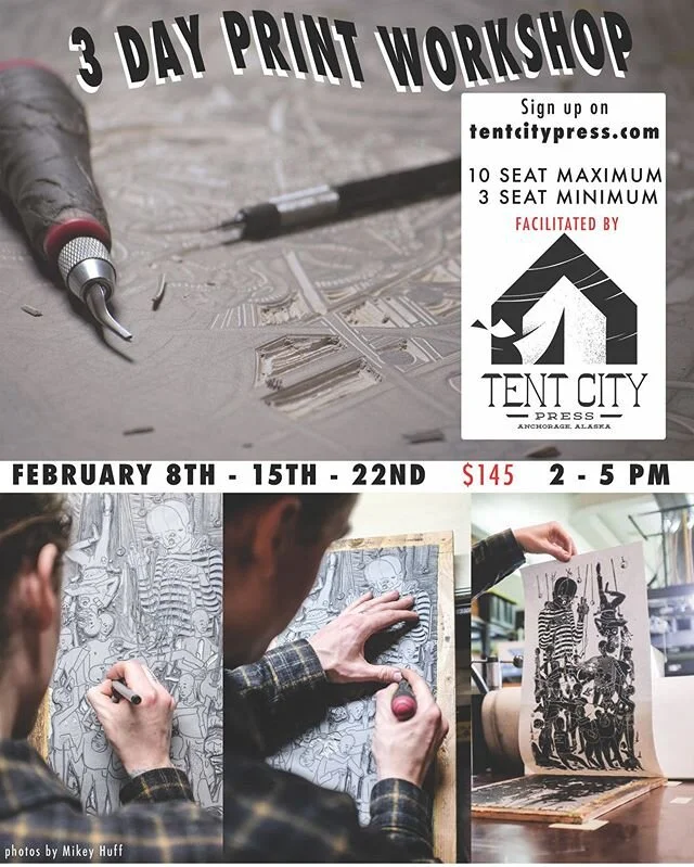 Coming up!  Tent city press member Levi here.  You&rsquo;ll be seeing more posts made by me as I start to take on more of an admin role for TCP.  Three weekends out of February I&rsquo;ll be teaching a relief printmaking class, all supplies are inclu