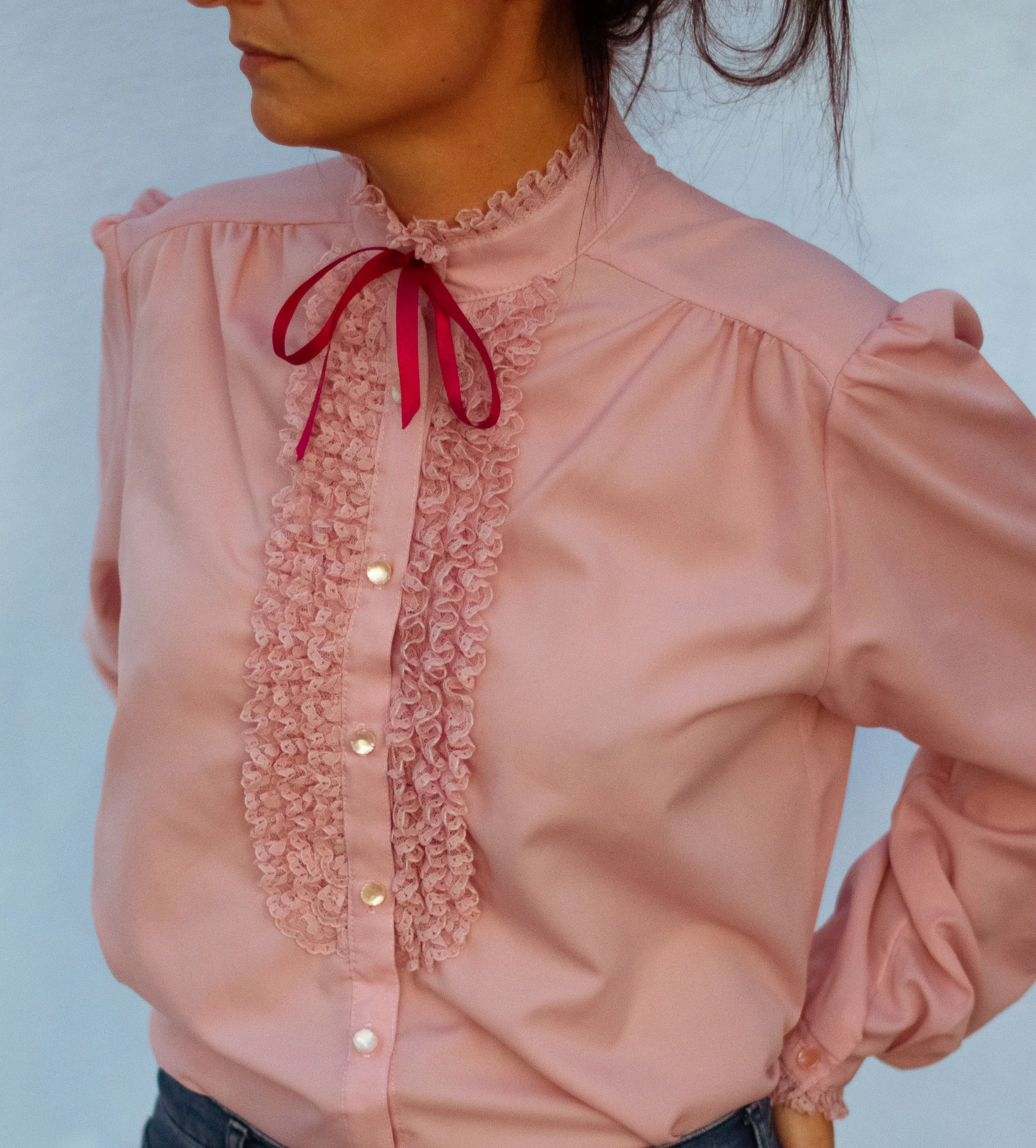 Vtg. Ruffle Tie Blouse