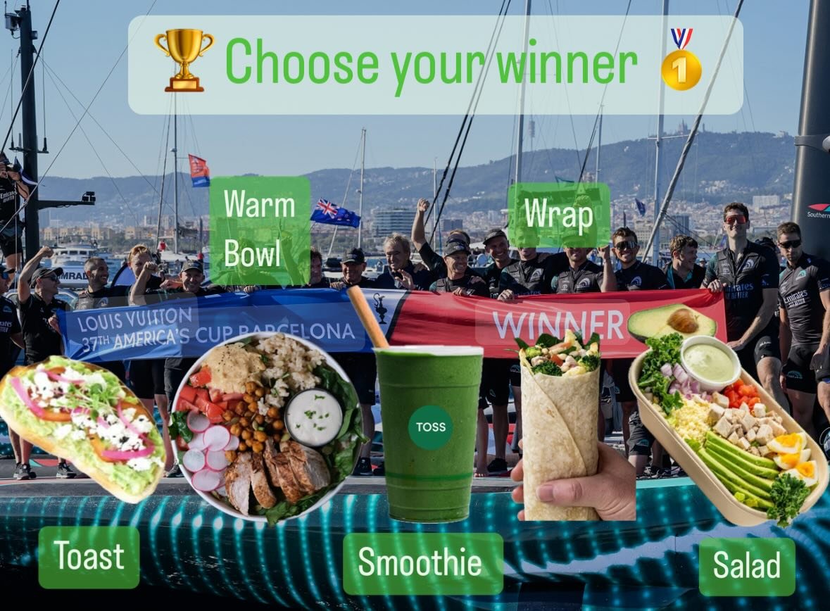 Time to settle the debate! Choose your champ🏆
🥗🥤🌯🍲 Which one gets your vote? 
#tosseat #giveatoss #foodbattle #aucklandeats😋 #pickyoufavorite #americascup2024 #sailinglife⛵️ #emiratesteamnz