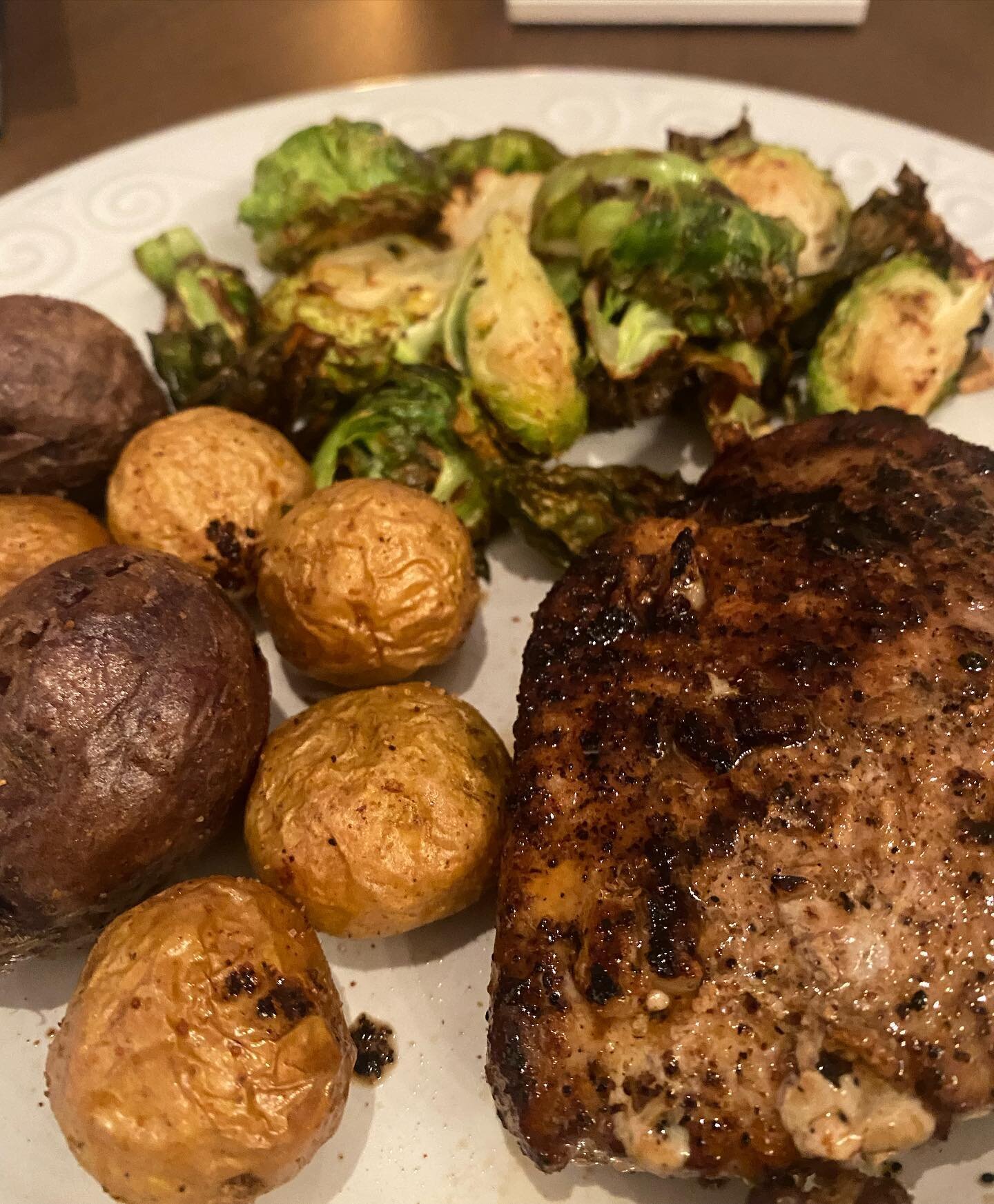With school starting back up, everyone could use a quick and easy dinner idea! 

Re-create this plate by
1. Tossing some Brussels sprouts &amp; mini potatoes in olive oil &amp; Opa Salt then air fry for 10-15 minutes at 375F (can also be cooked on a 