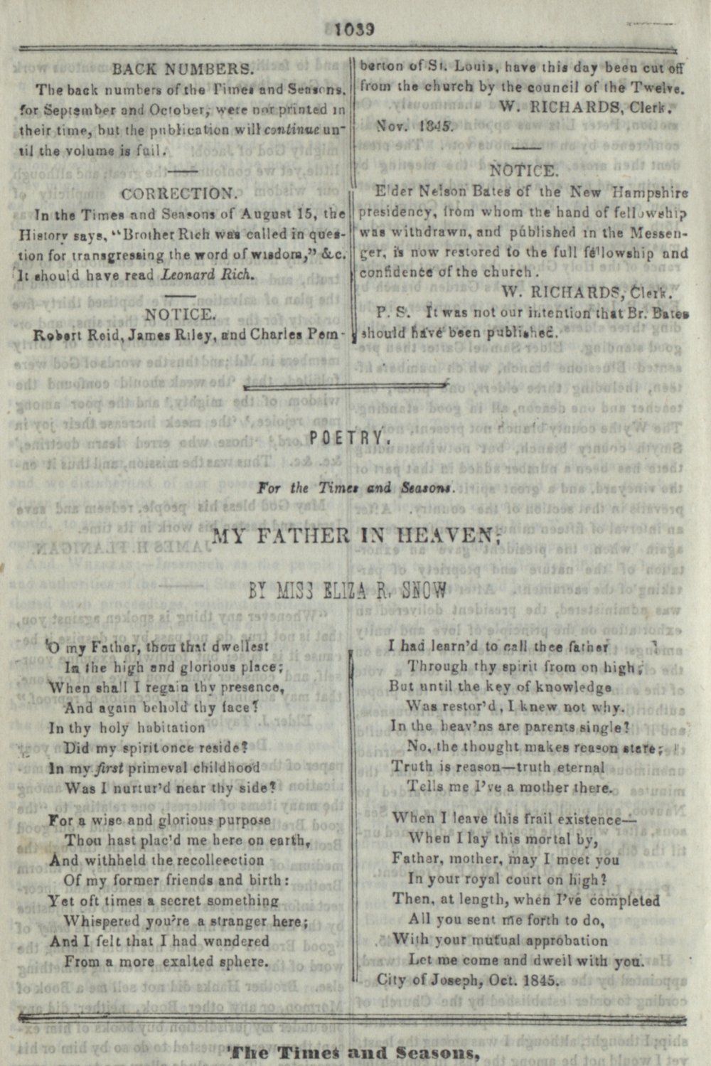 Snow's Hymn "O My Father" (1845)