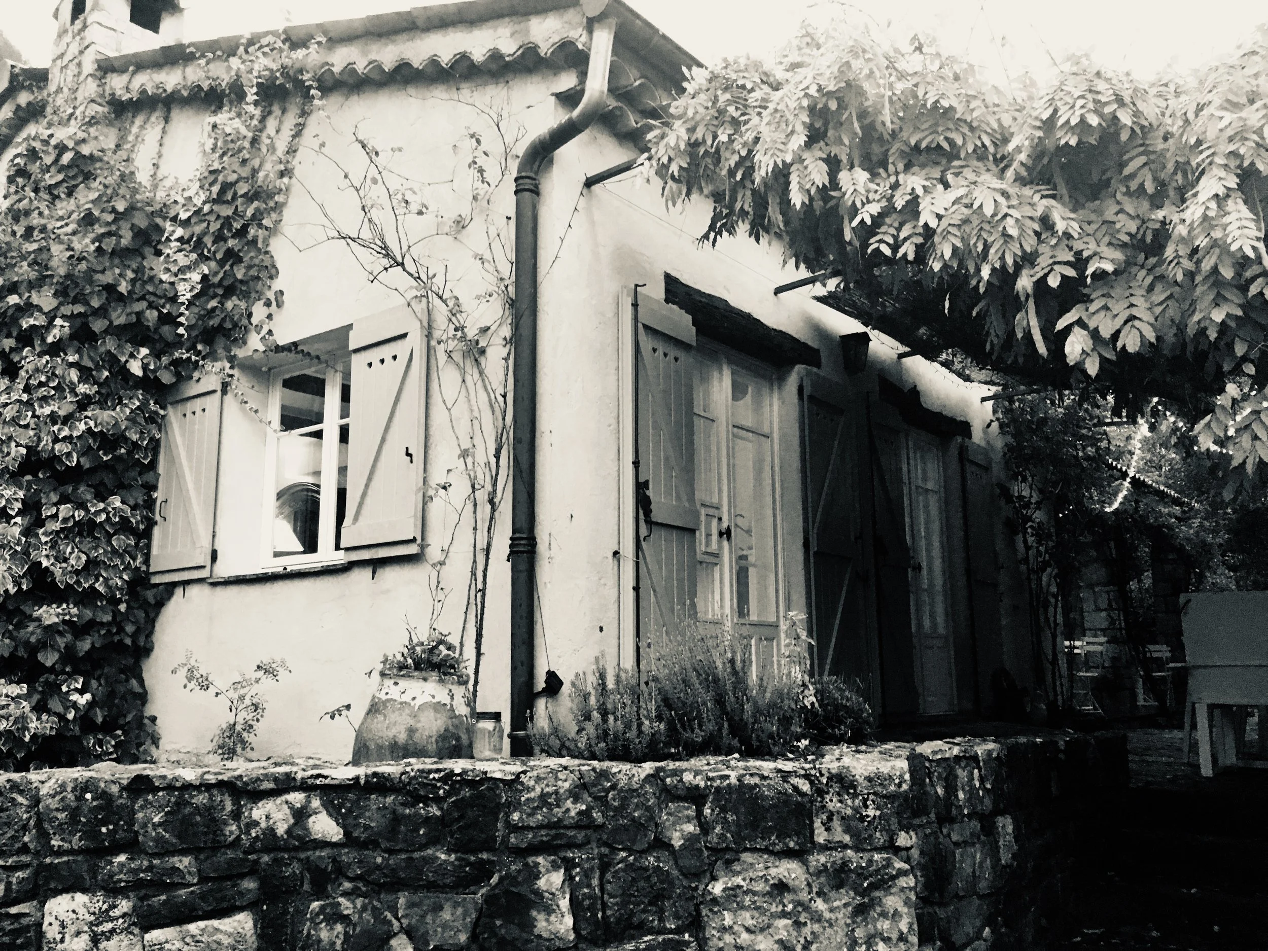 exterior of La Pitchoune Julia Childs house in France in sepia