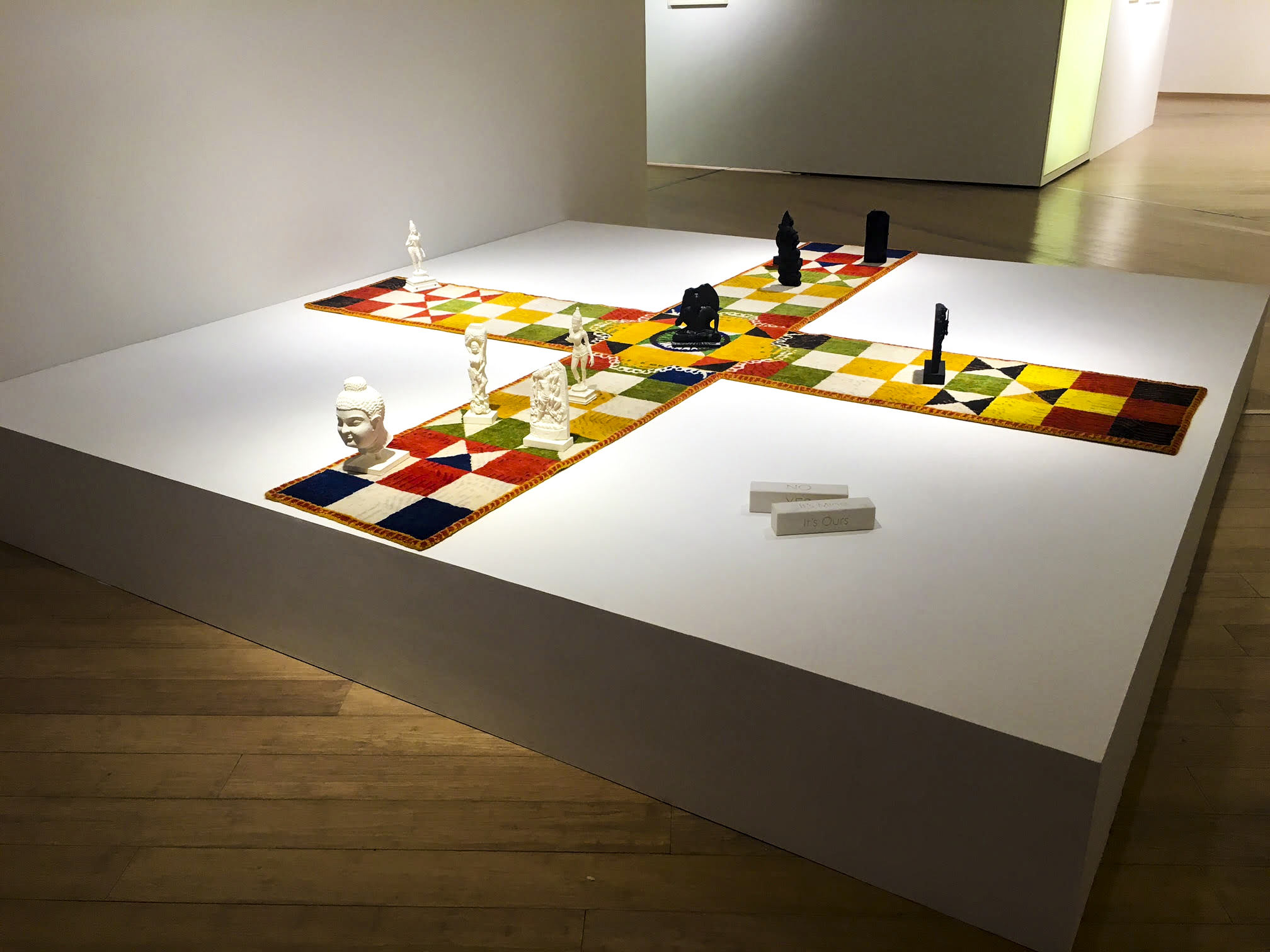 It's Mine; No It's' Mine; Now It's Yours; No It's Ours; Yes It's Missing. Handwoven tapestry with Wool, Dye, 3D printed sculptures with ABS plastic 10ft x 10ft, 10 sculptures of varying size.