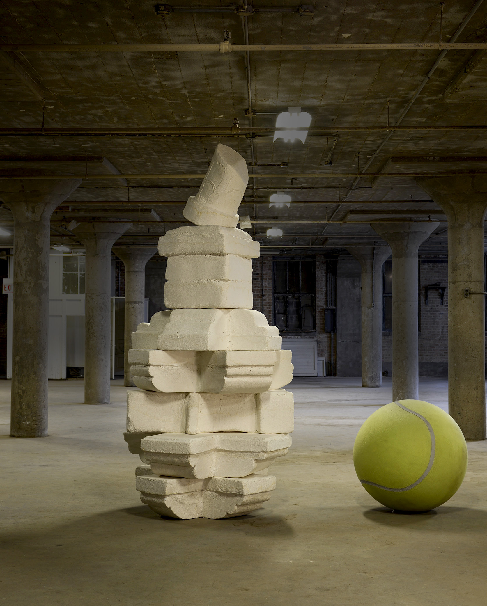 Pittu, High Density Foam, Handmade paper with Cotton and Abaca, Methyl Cellulose, Rubber, Wool Fleece, Thread, Caulk | 48" x 96" (stacked); Ball 30.7" diameter