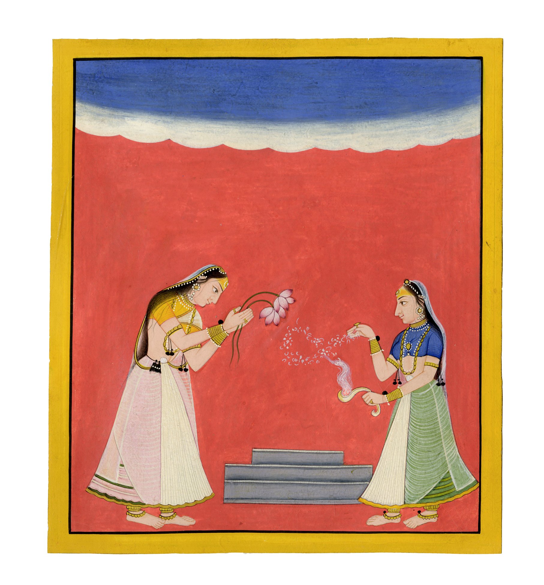 Women Worshipping a Shiva Linga: Devagandhari Ragini of Hindol, from a Chamba Ragamala