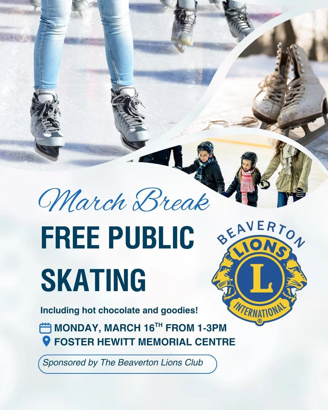 ⛸️ School is out, and skating is on! ⛸️
Join us this Monday, March 16th to kick-off your March Break with free public skating from 1-3PM at the Foster Hewitt Memorial Centre in Beaverton! See you there! 🦁