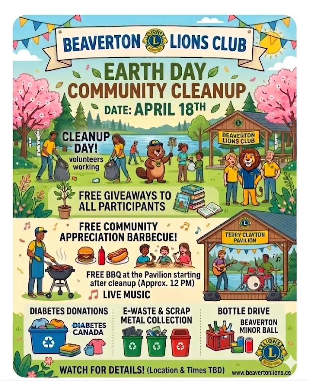 ​Join the Beaverton Lions Club on April 18th for our Earth Day Community Cleanup! 🌍
​We&rsquo;re celebrating our volunteers with:
✅ A FREE Community BBQ
✅ Live Music at the Pavilion
✅ Free Giveaways
​More details to follow 🌳
​#BeavertonLions #Earth