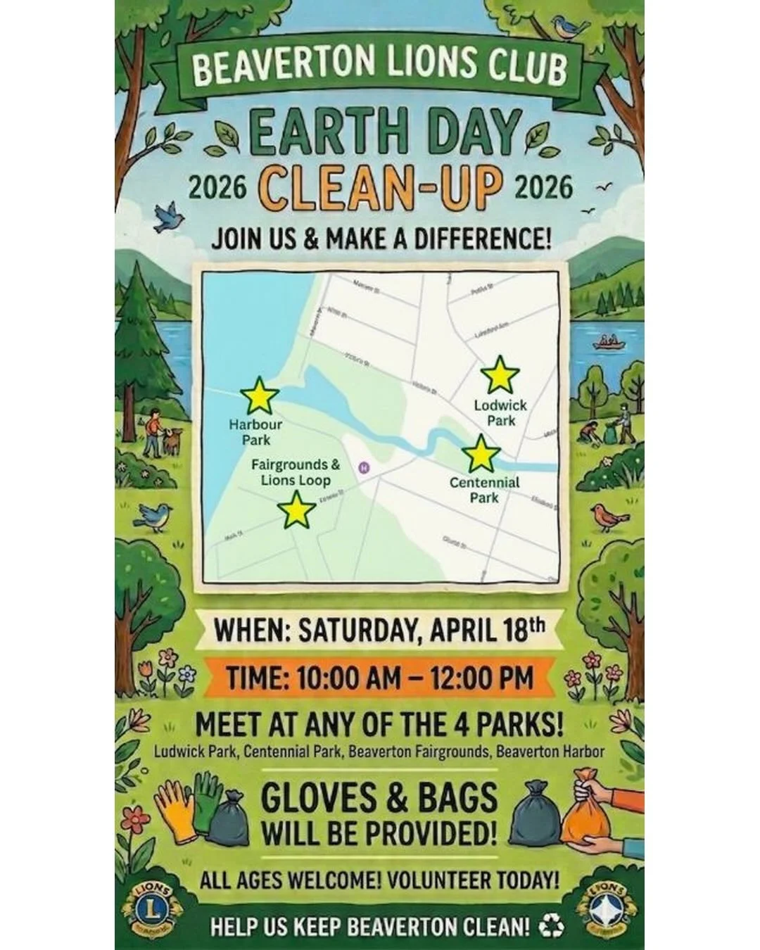 🌎 Help Keep Beaverton Beautiful!
​Join the Beaverton Lions on April 18th for our Earth Day cleanup and community event! We&rsquo;re tidying up our town and celebrating with a BBQ.
​Check out the flyers below for:
​📍 Park cleanup locations &amp; tim