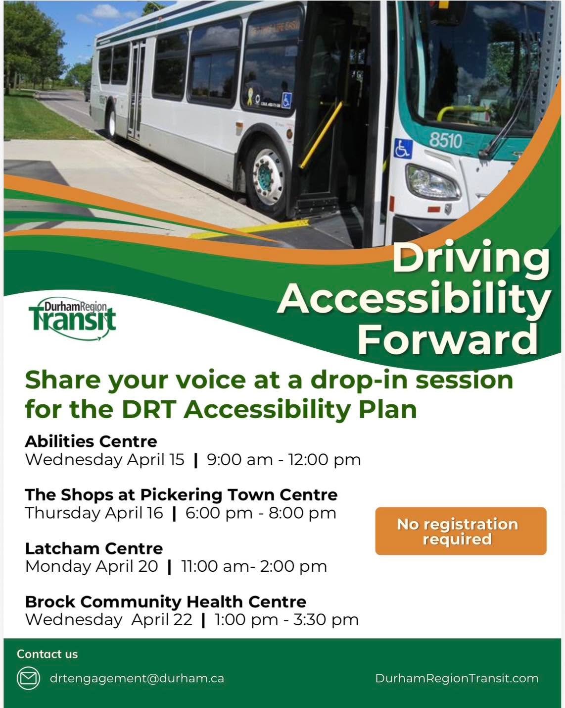 Have your say! Durham Region Transit (DRT) Accessibility Plan consultations are taking place next week. 
 
DRT is currently developing its 2026&ndash;2030 Accessibility Plan and is now entering the resident consultation phase. The sessions are design