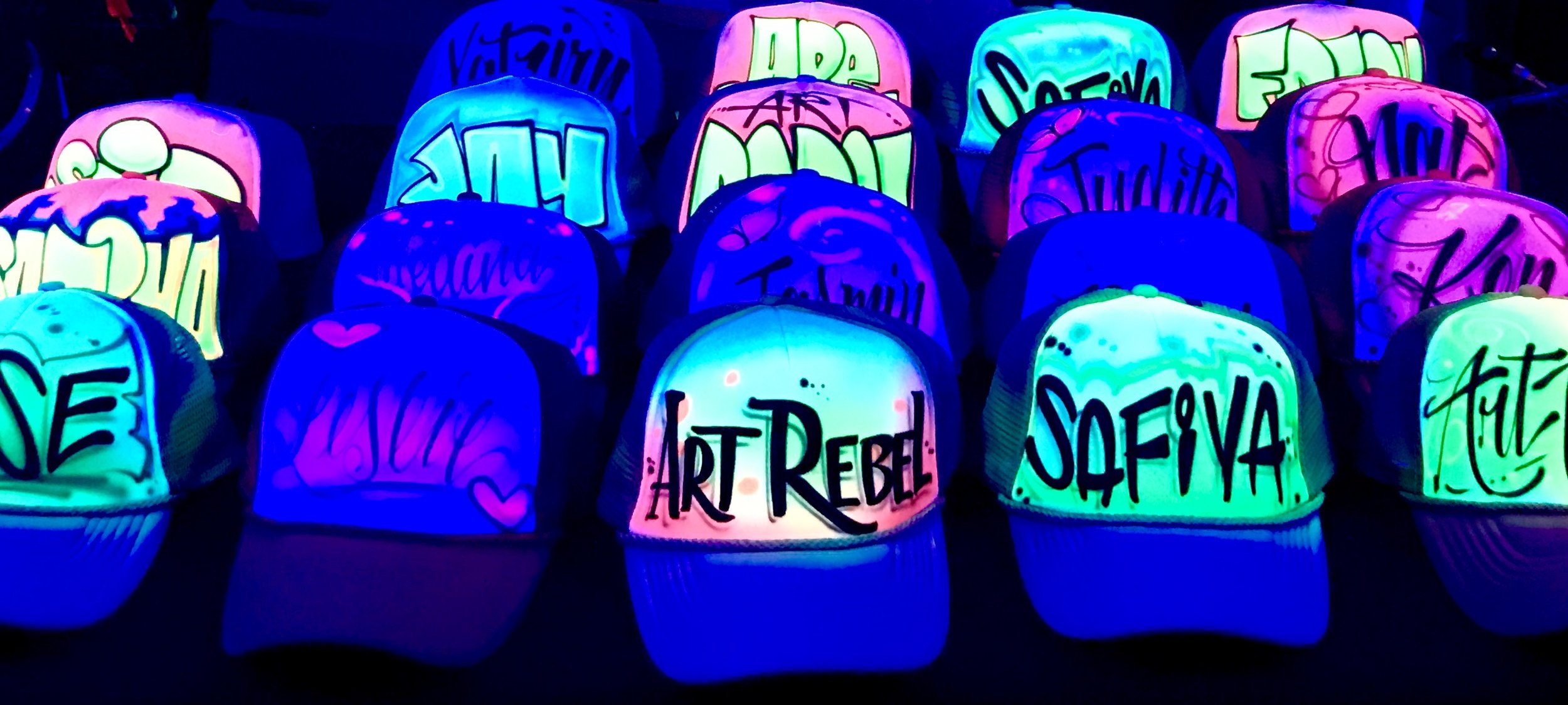 Airbrushed Trucker hats Blacklight glow paint party favors