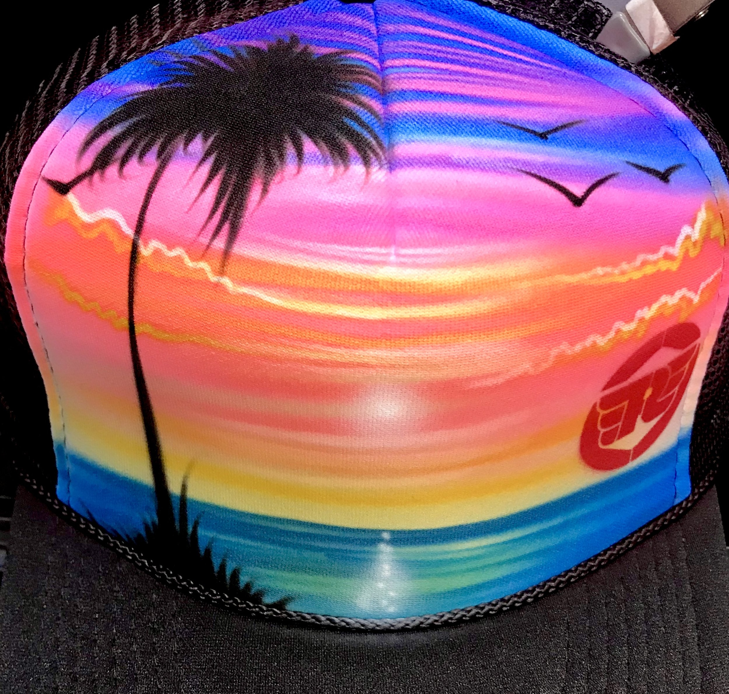 Custom airbrushed trucker hat beach scene palm tree