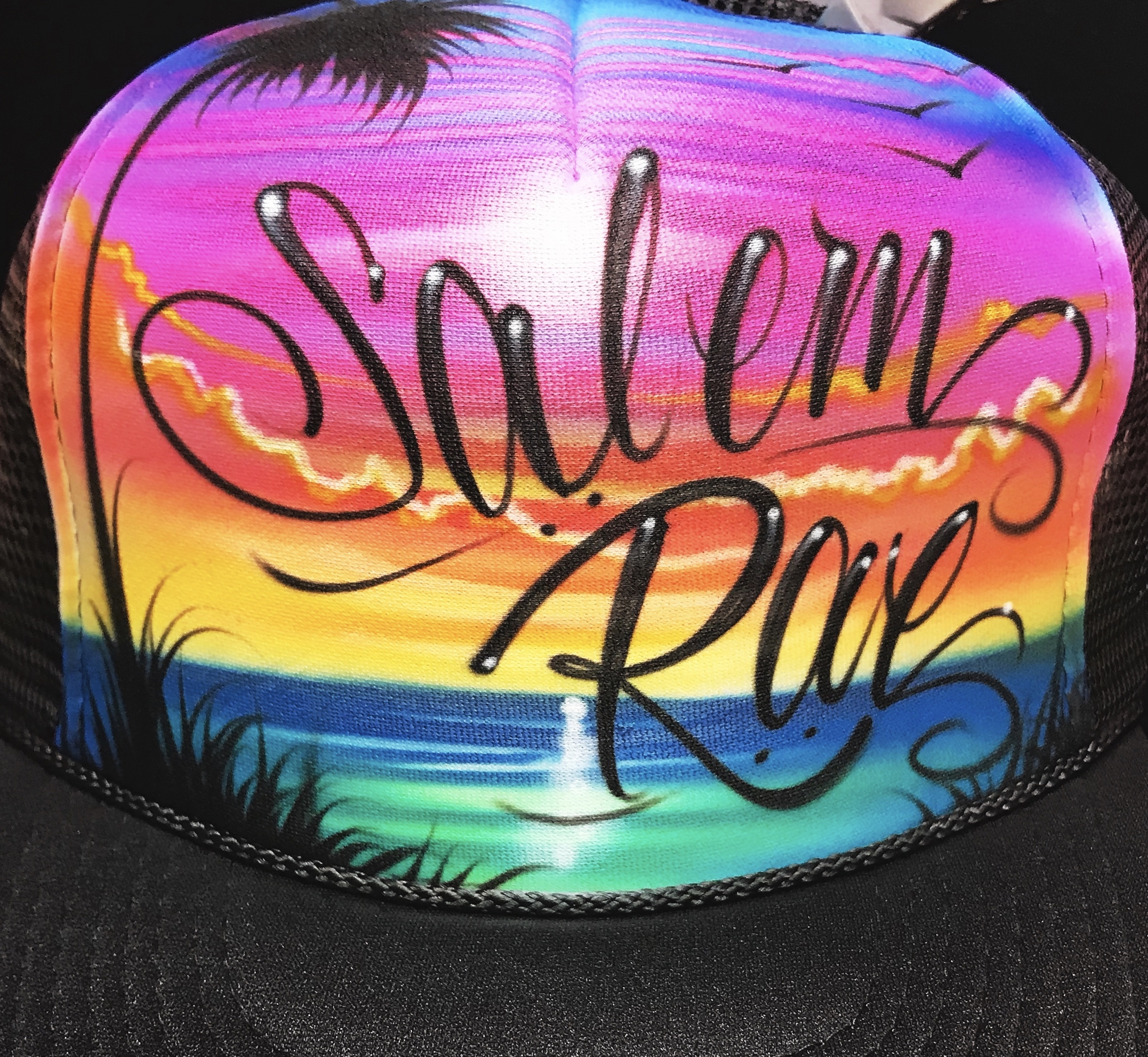 Custom airbrushed trucker hat beach scene palm tree and name