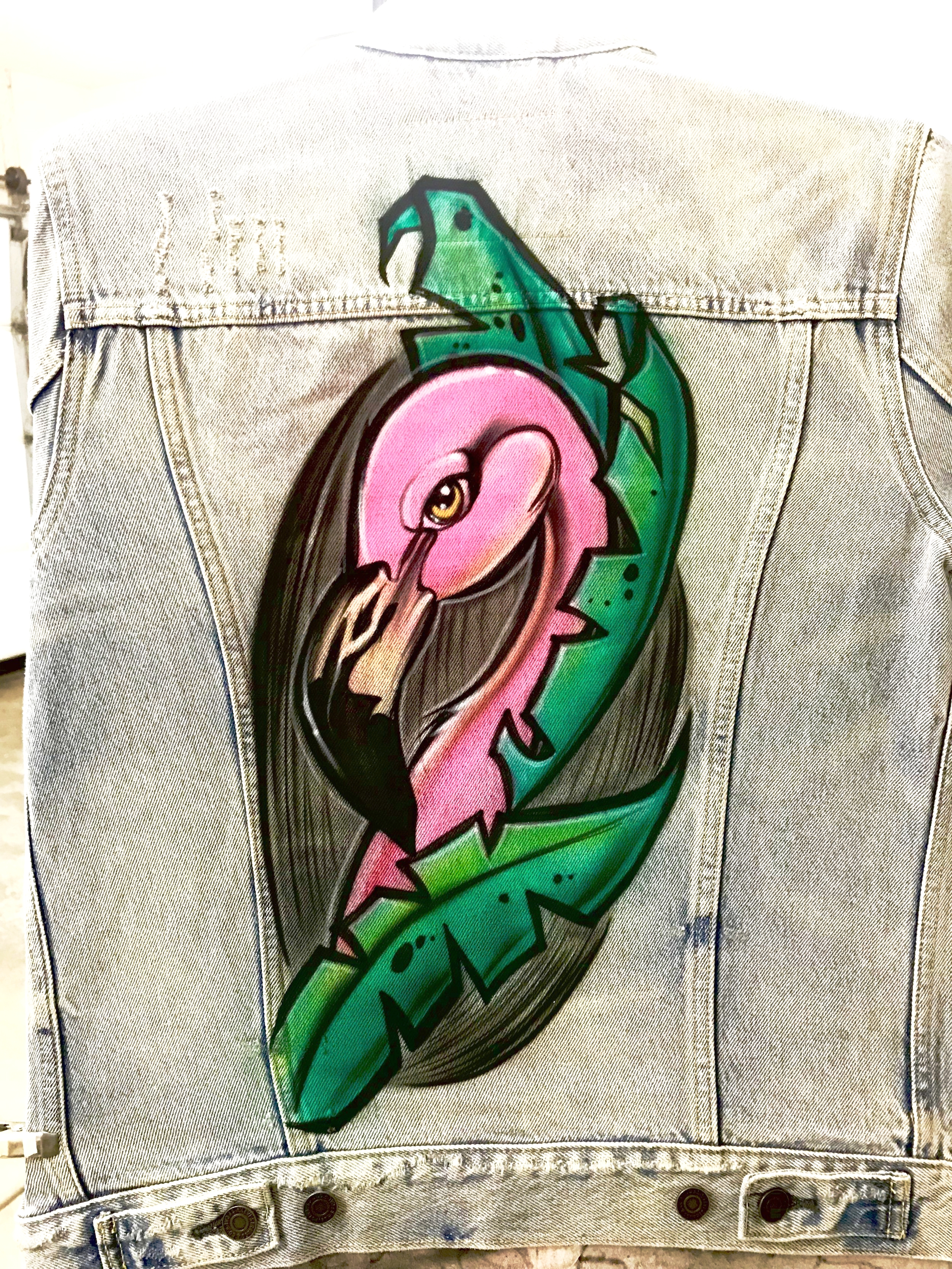 Airbrushed Levi's Trucker Jacket Camarillo Flamingo