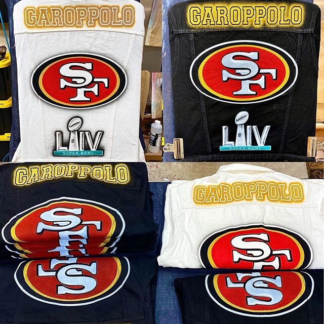 Another fun project for @levis &amp; @49ers for Super Bowl LIV. Thank you Connie and Melissa!Custom jackets for the Garoppolo family .
@levis @jimmypolo10 @superbowl54miami #superbowl #liveinlevis #eventmarketing #experientialmarketing #brandexperien