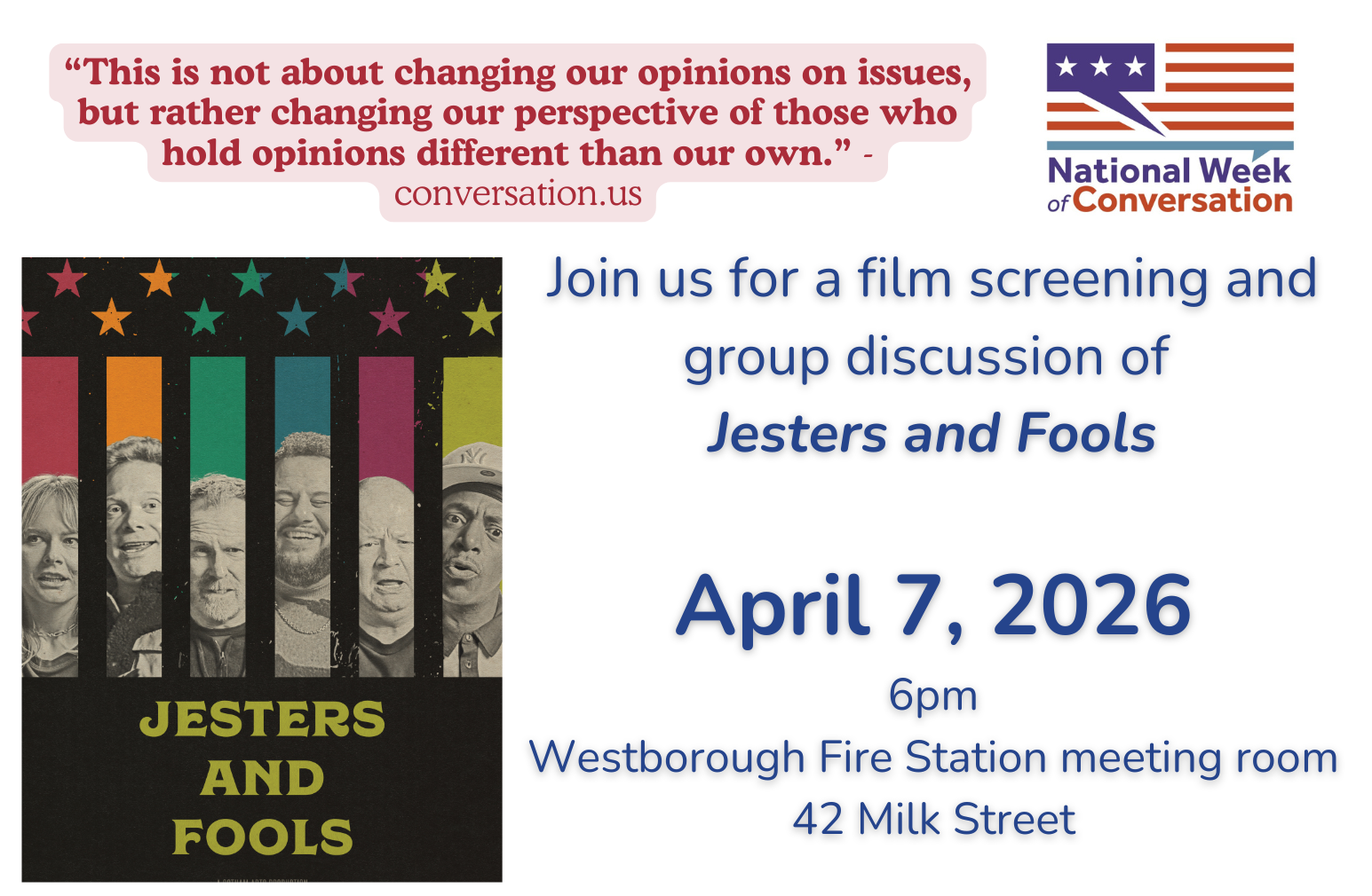 Bridging Differences &amp; Divides: A Local Screening and Discussion featuring Jesters and Fools
