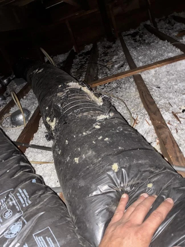 Damaged insulated flexible duct before repair in a shallow Haddonfield roof cavity