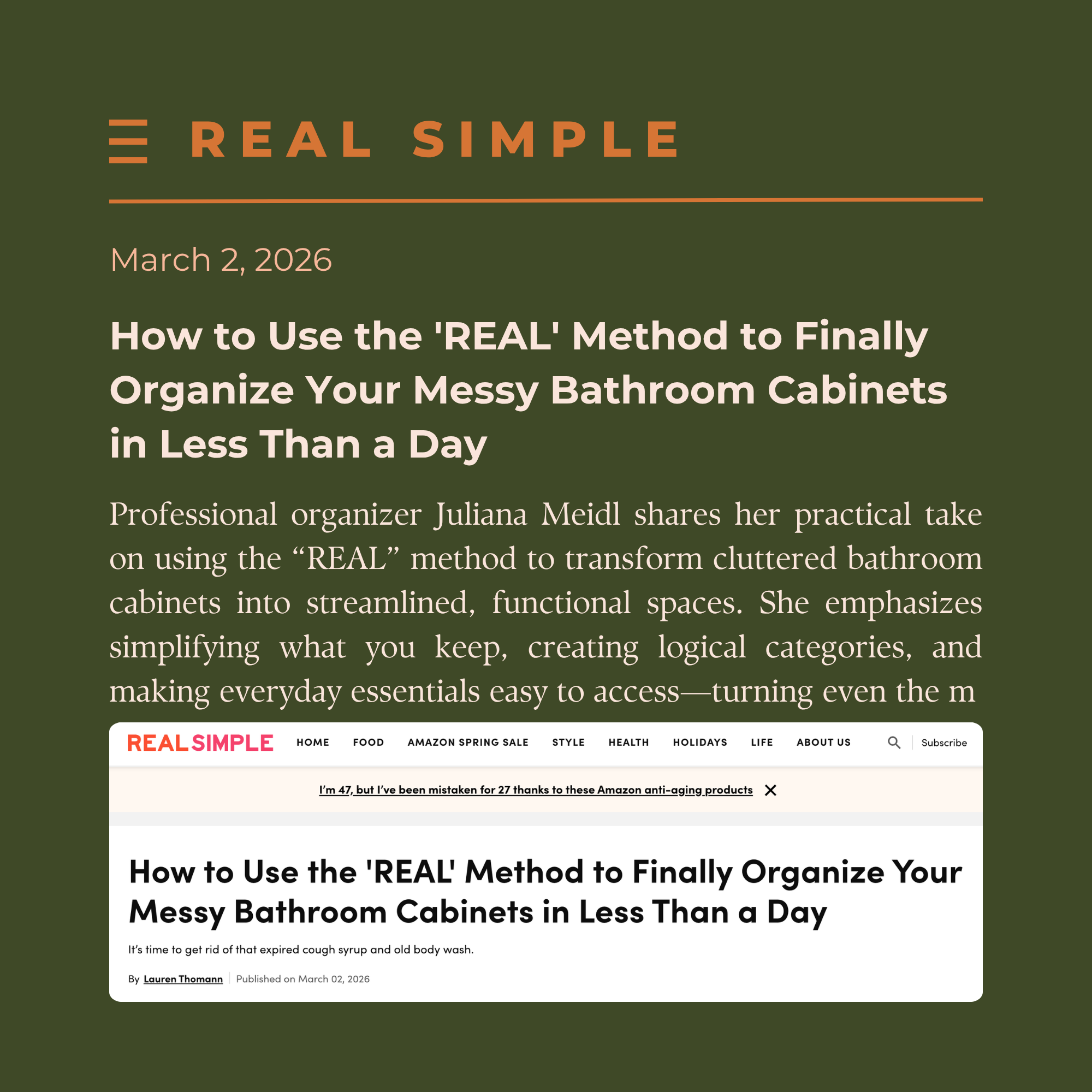 Real Simple | How to Use the 'REAL' Method to Finally Organize Your Messy Bathroom Cabinets in Less Than a Day