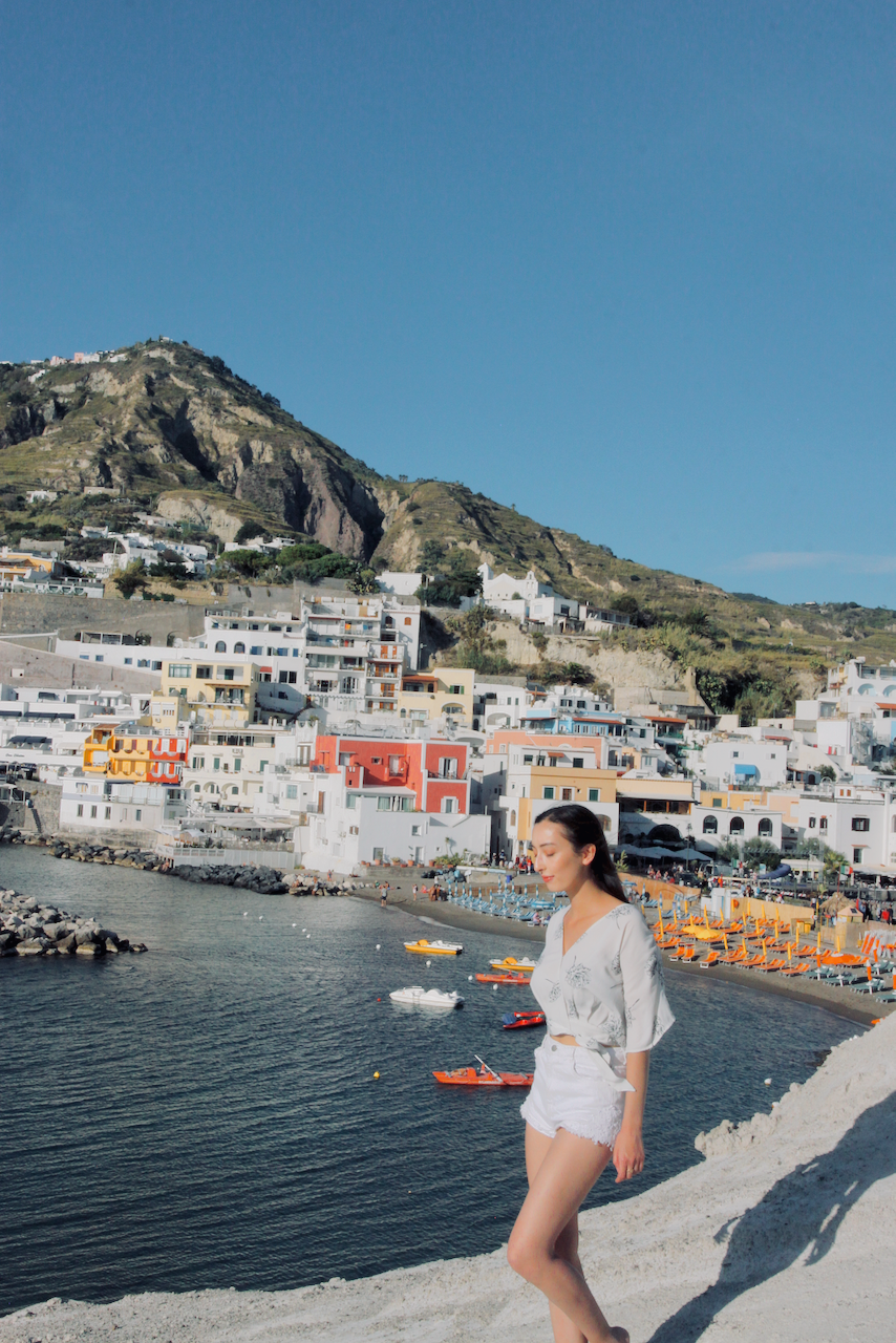 Ischia view of Sant'Agnello colourful buildings and beach