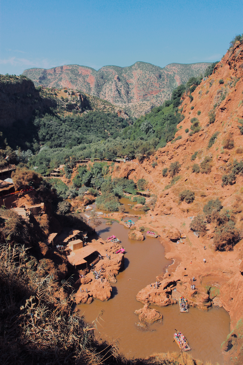 Colorful boats on the river at Ouzoud Falls, Morocco North Africa