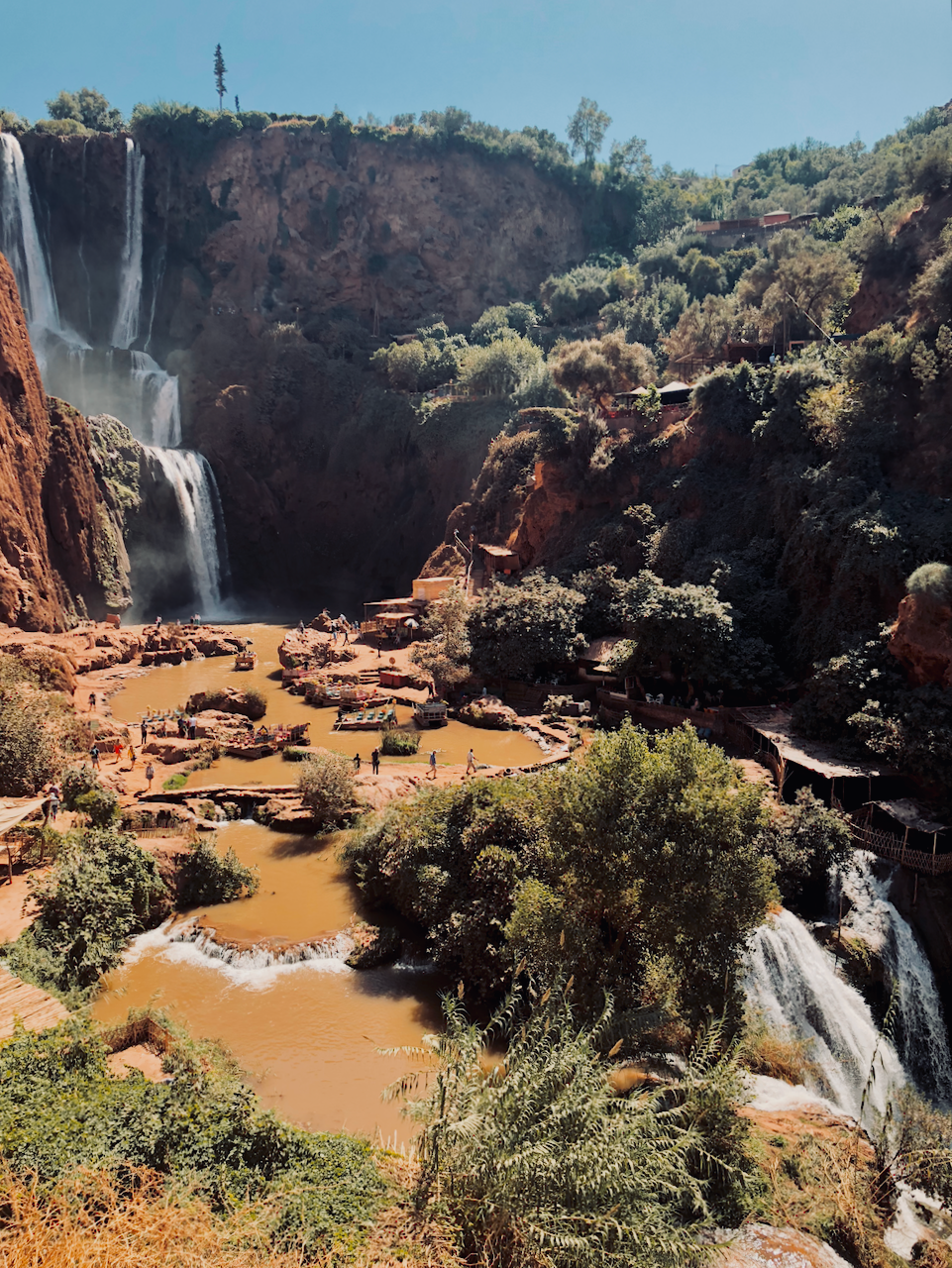 View of the cascades and pools at Ouzoud waterfall, North Africa Morocco