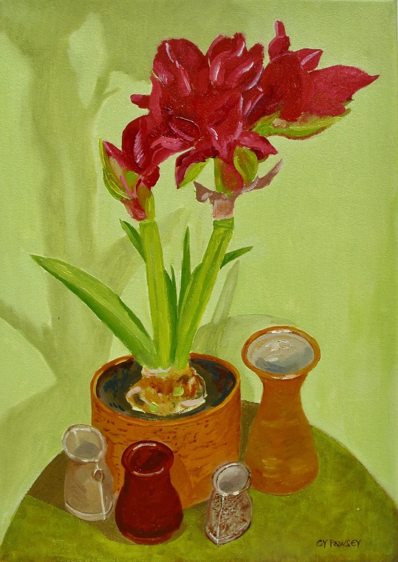 Still life with amaryllis and four pots by Cy Pawsey, detail