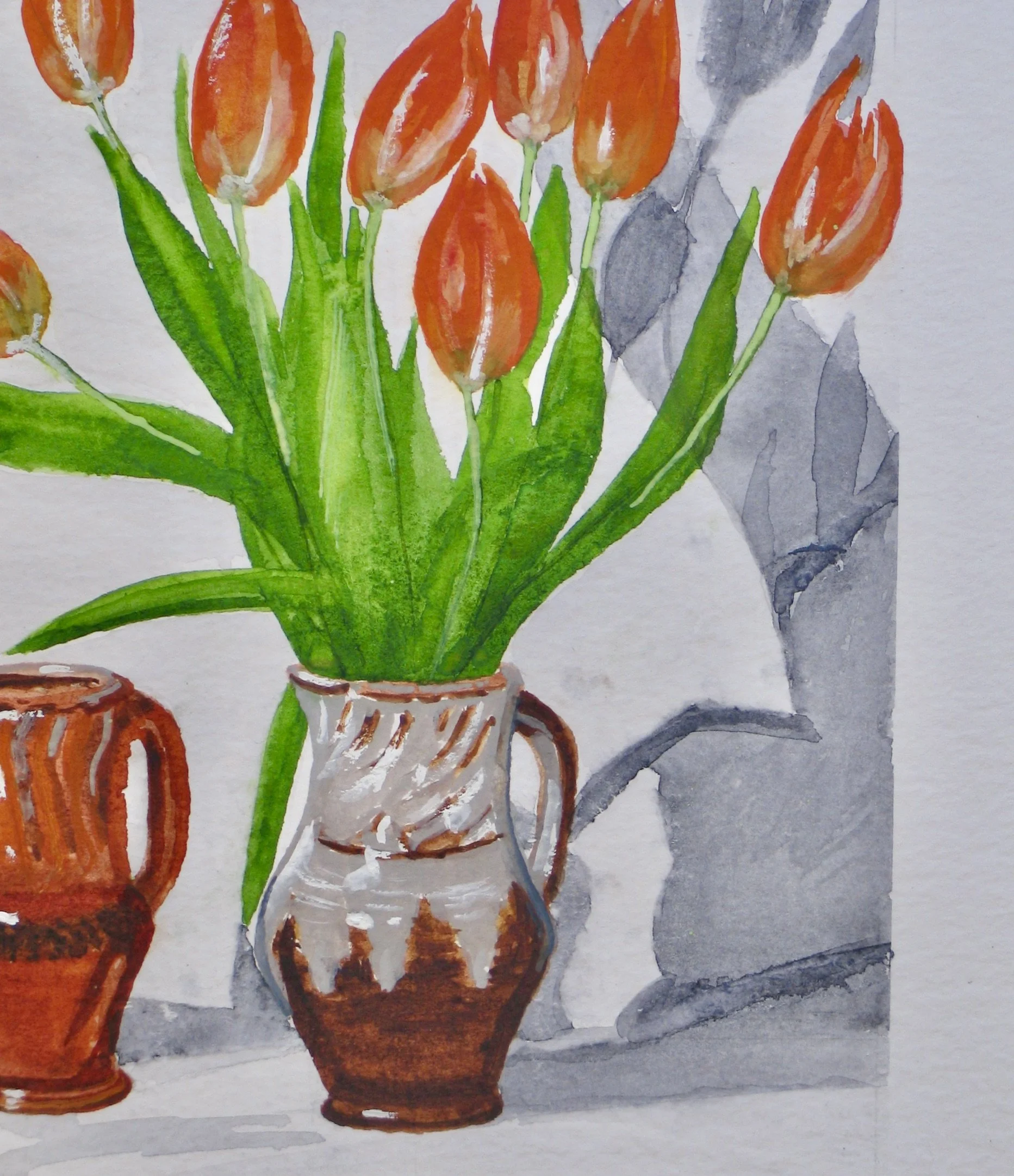 Tulips an jugs still life watercolour, detail