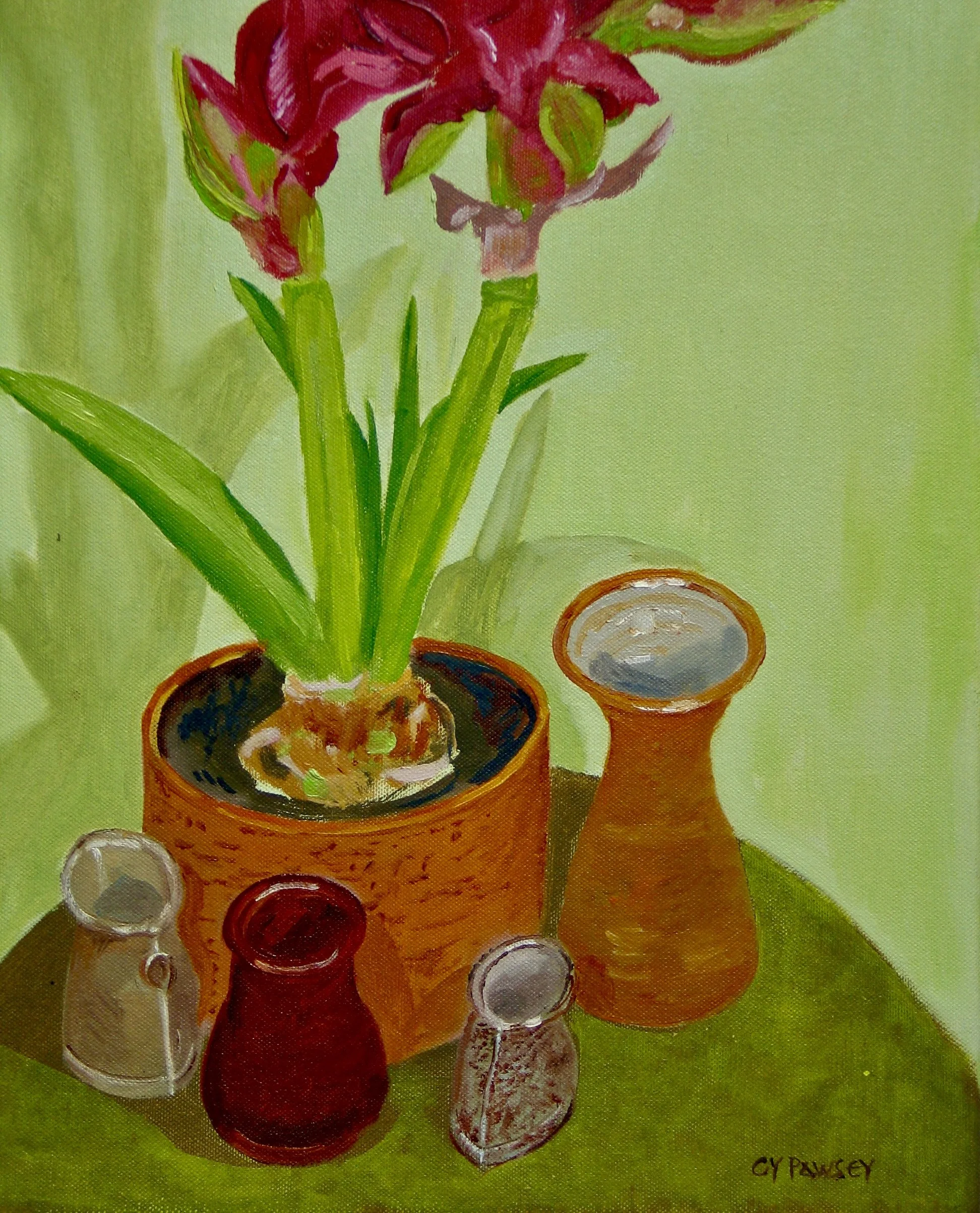 Still life with amaryllis and four pots by Cy Pawsey, detail